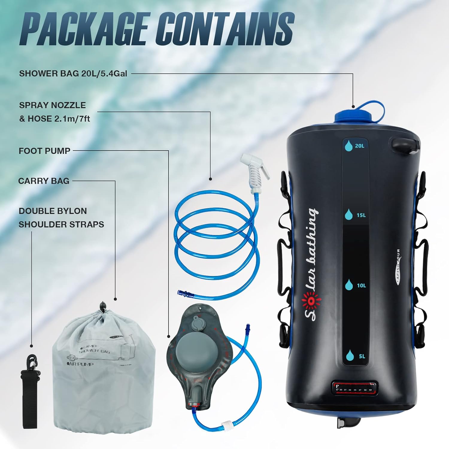 AFISHTOUR 20L/5.4 Gallons Portable Camping Shower Bag, Waterproof Solar Shower Bag with Pressure Foot Pump and Shower Nozzle for Beach Camping Swim Travel Hiking Trip : Sports & Outdoors