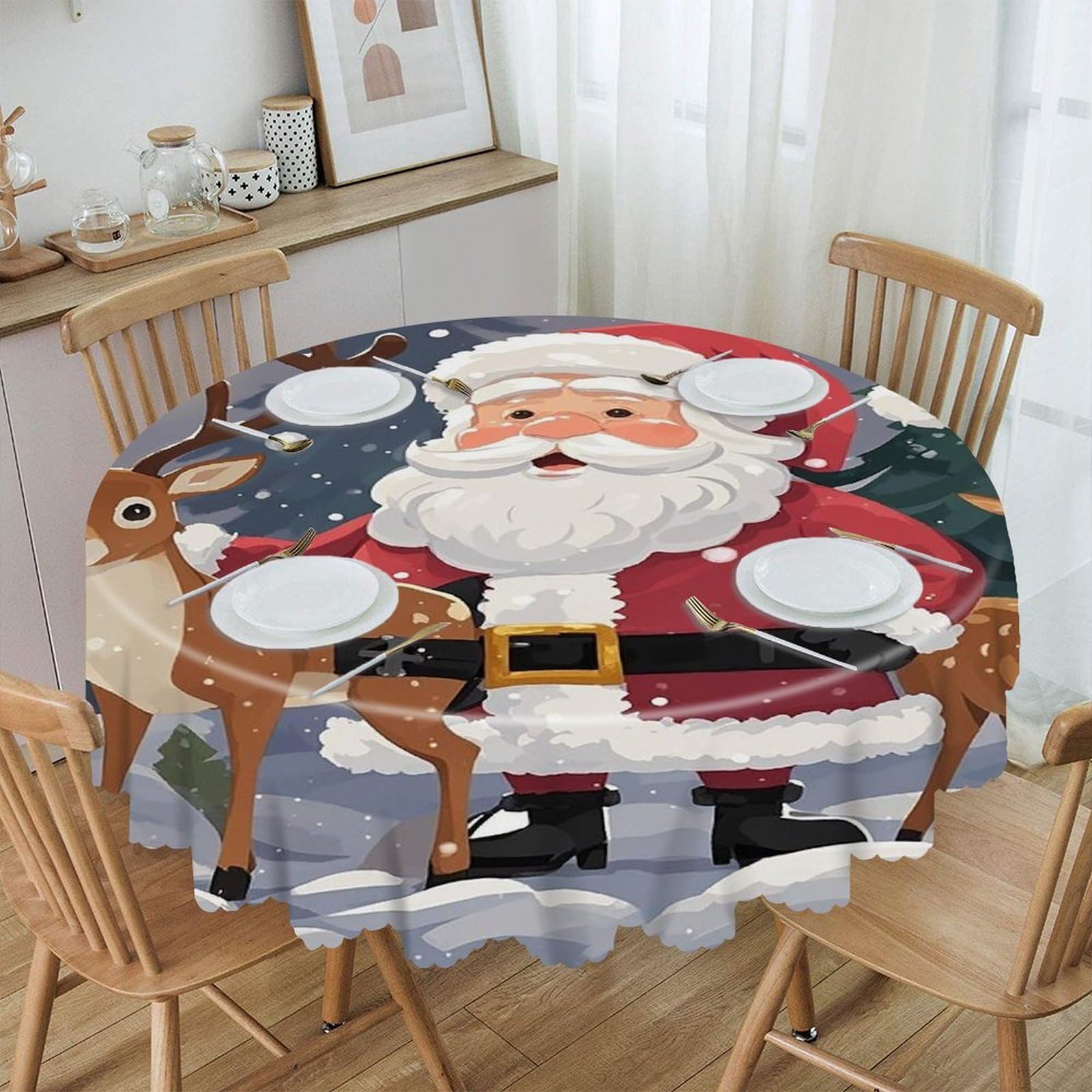 FekiLoot 60 Inch Round Santa Claus and Deer Elk Tablecloth Waterproof Heavy Duty Polyester Table Cloth Spill-Proof Wipeable Table Cover Decorative Circle Dining Tablecover for Party Outdoor