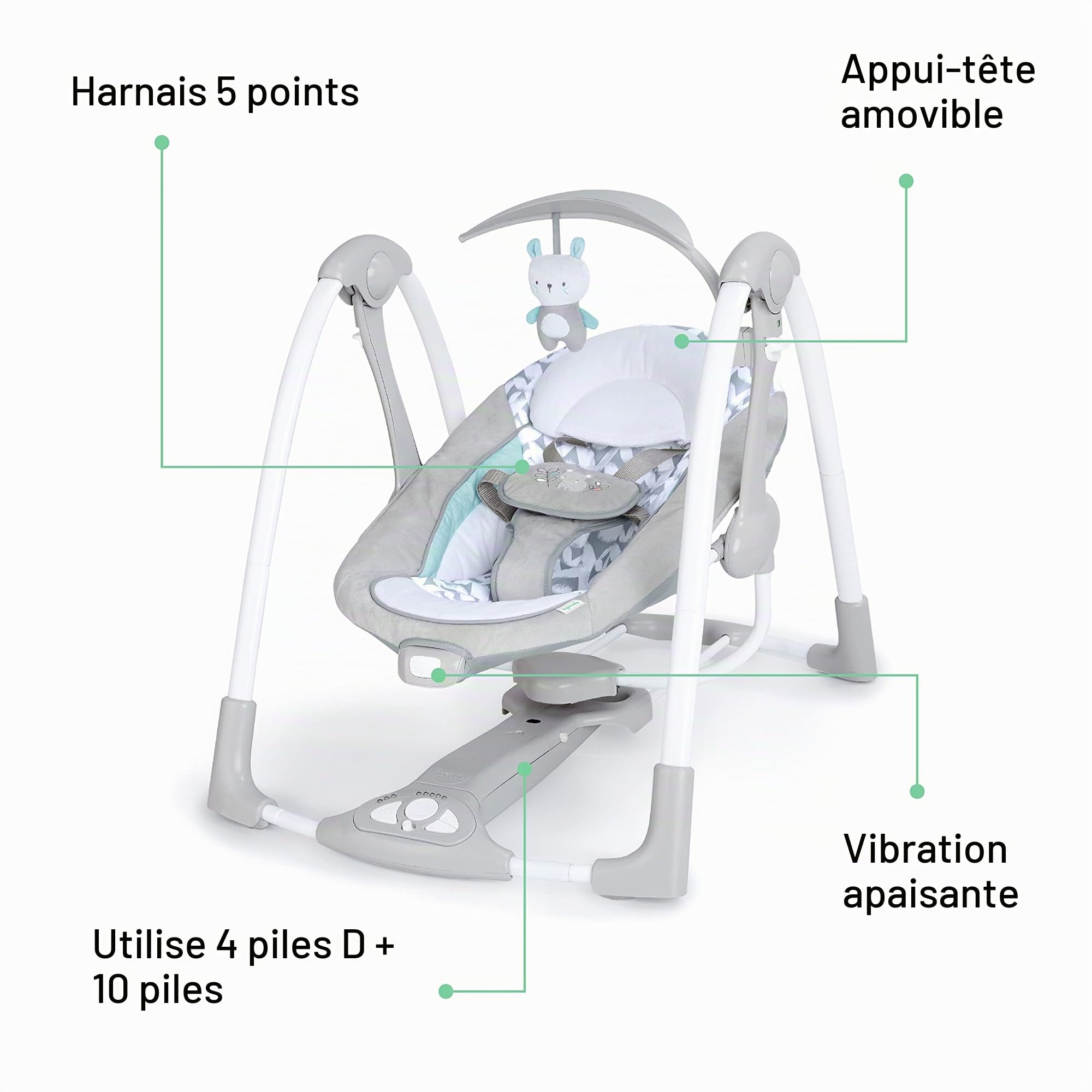 Ingenuity, Balancelle Compacte - Raylan, 5 vitesses de balancement, vibrations apaisantes, 12 mélodies, 4 sons de la nature, arche de jeu, dès la naissance à 9 kg