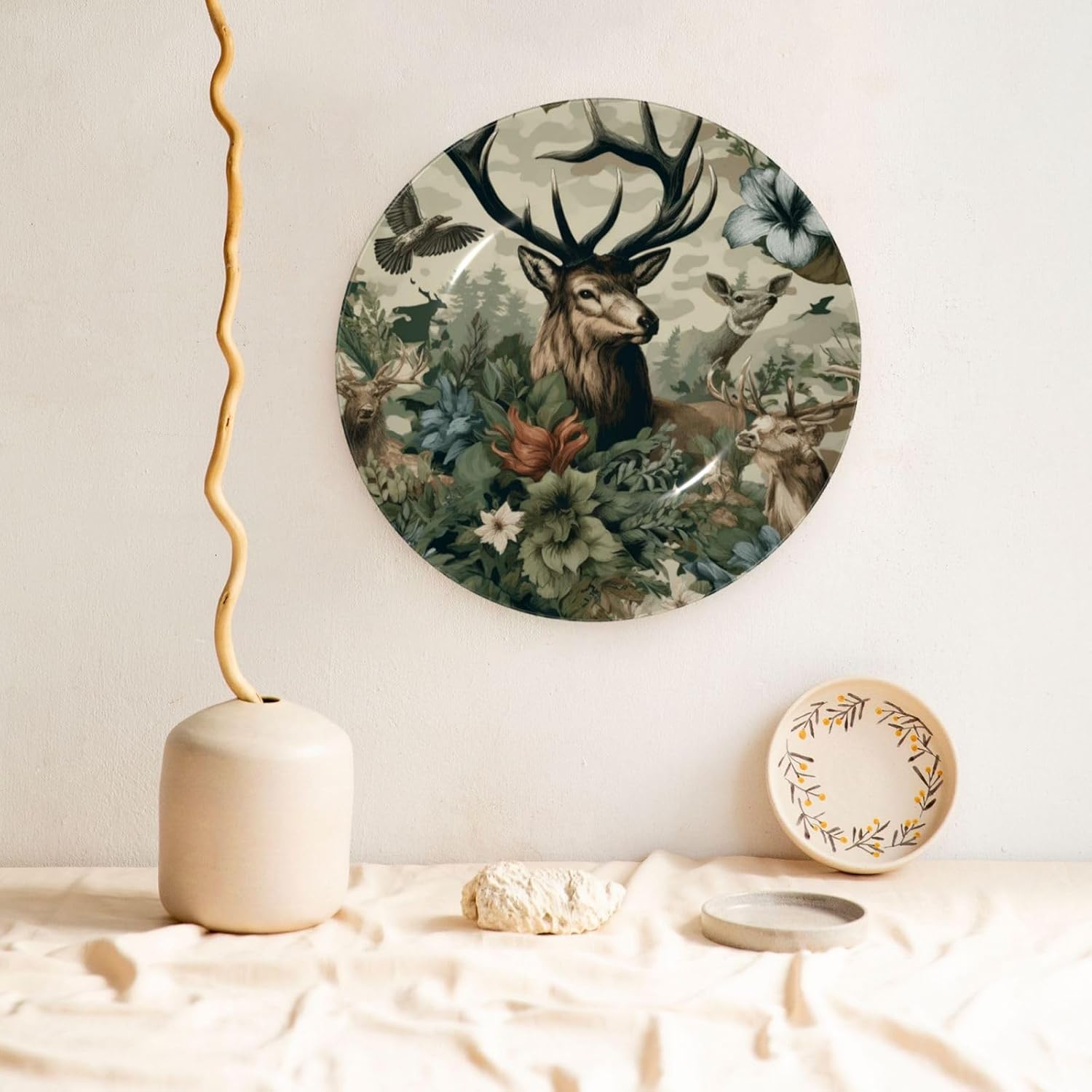 Elk-Forest-Flowers 10 Inch Decorative Plate With Stand, Elegant Display Wall Plate For Home Decor