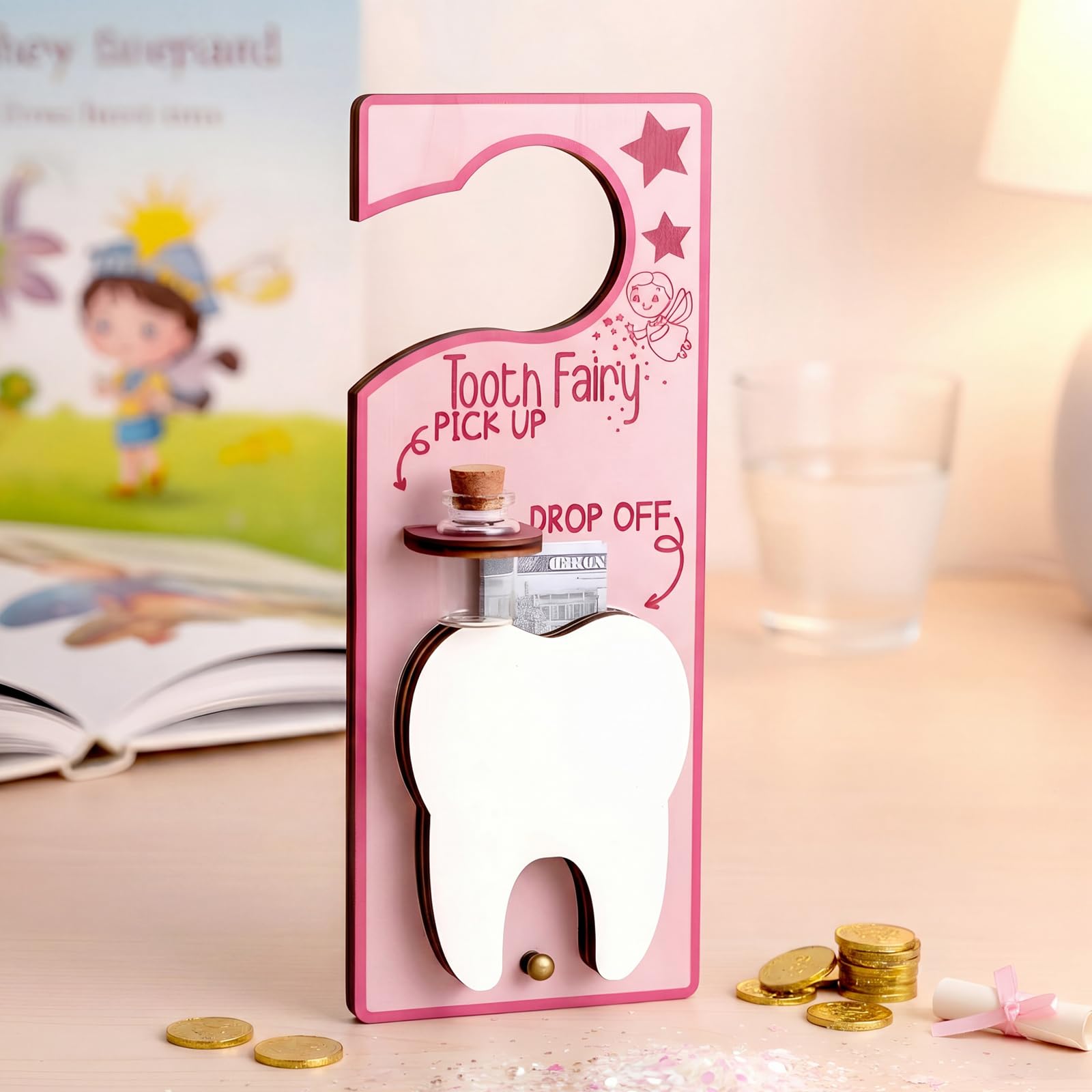 DoubleFill Tooth Fairy Door Hanger Pouch Keepsake Box,Fresh,Pink
