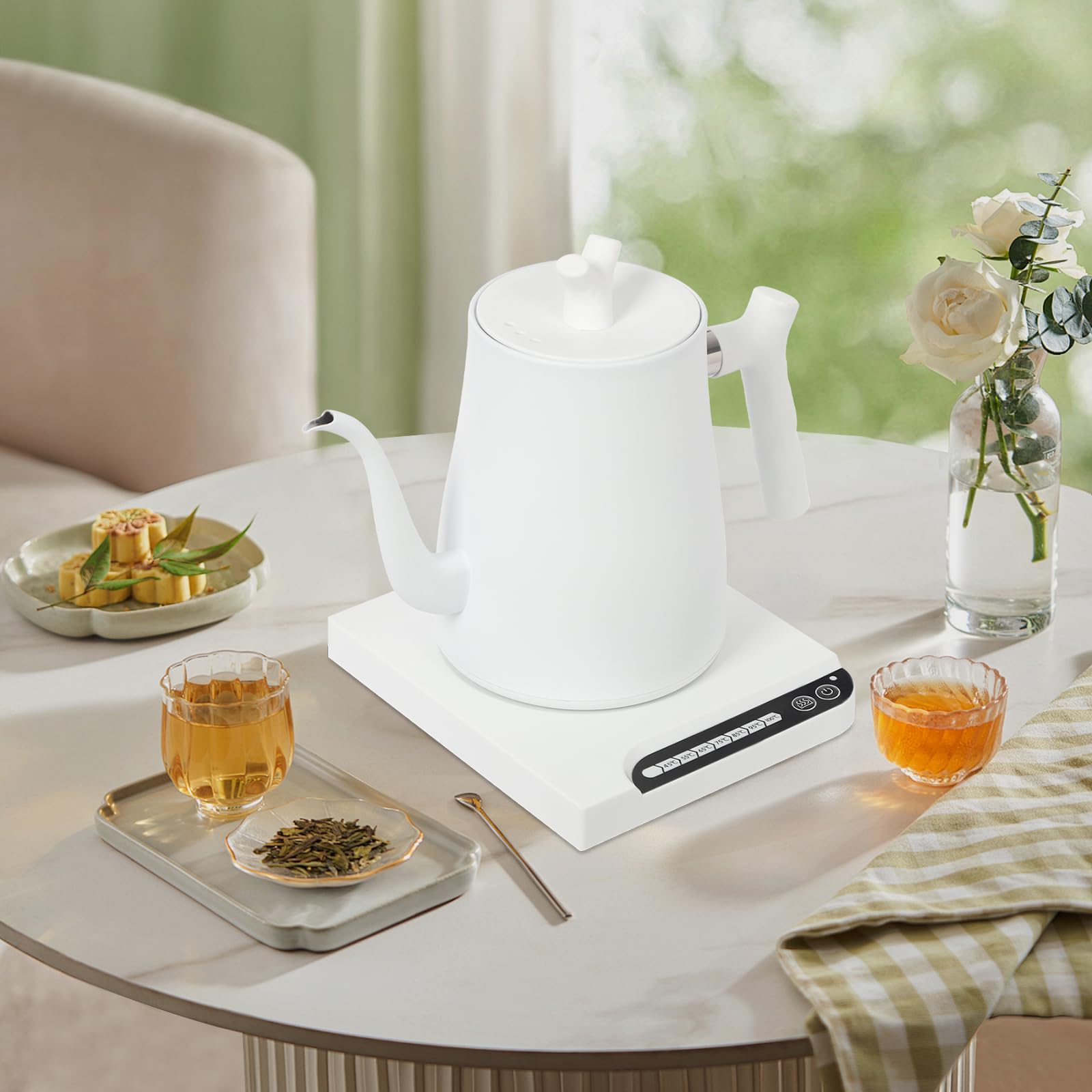 Hervidor eléctrico de 1 L, 1000 W, 7 niveles de temperatura del agua ajustables, cuello de cisne, para café y té, color blanco