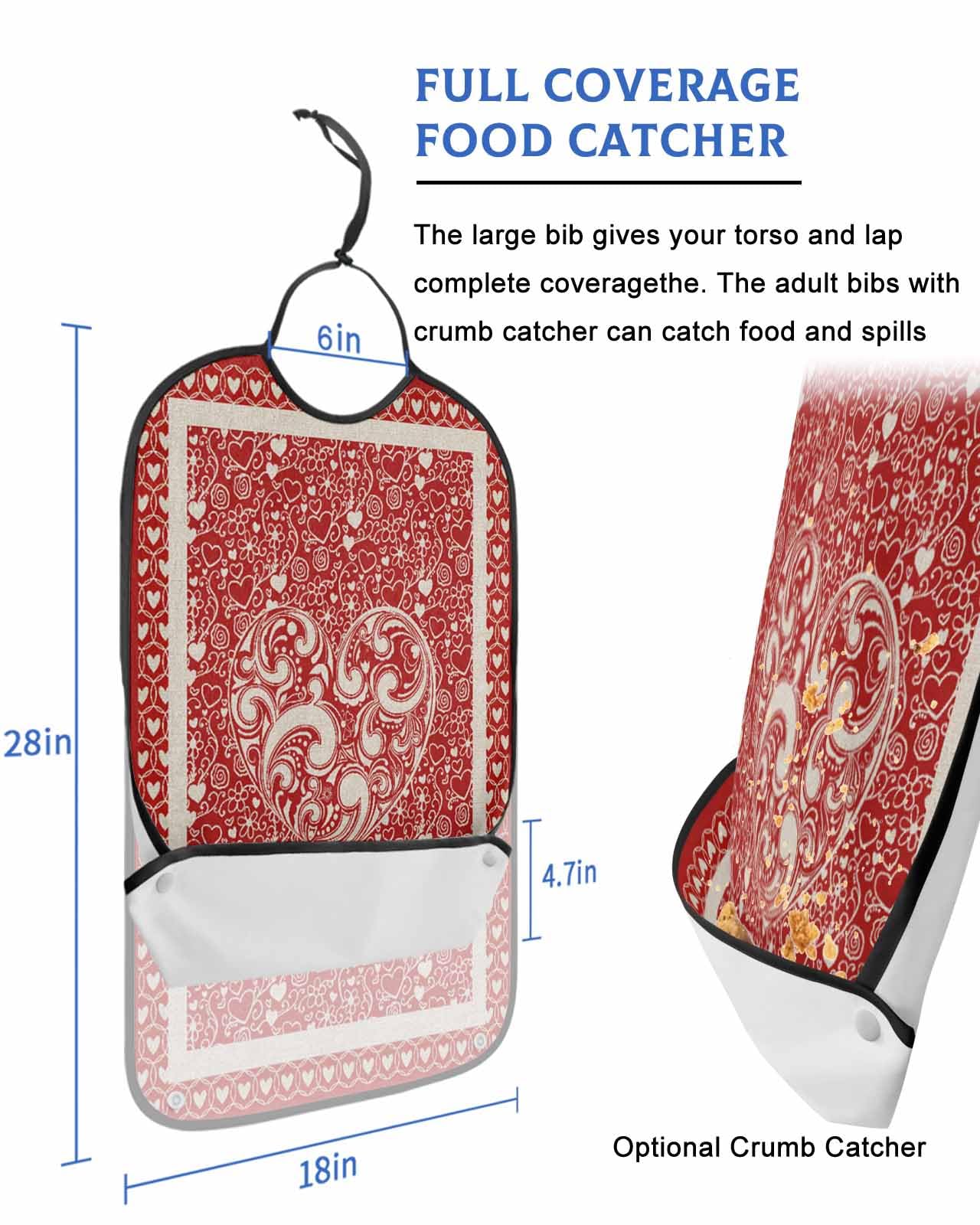 LEOKOTI Red Love Heart Valentines Adult Bibs for Eating, Waterproof Bibs with Food Catcher & Adjustable Snap Closure, Vintage Geometric Art Washable Clothing Protectors Adult Bibs for Elderly