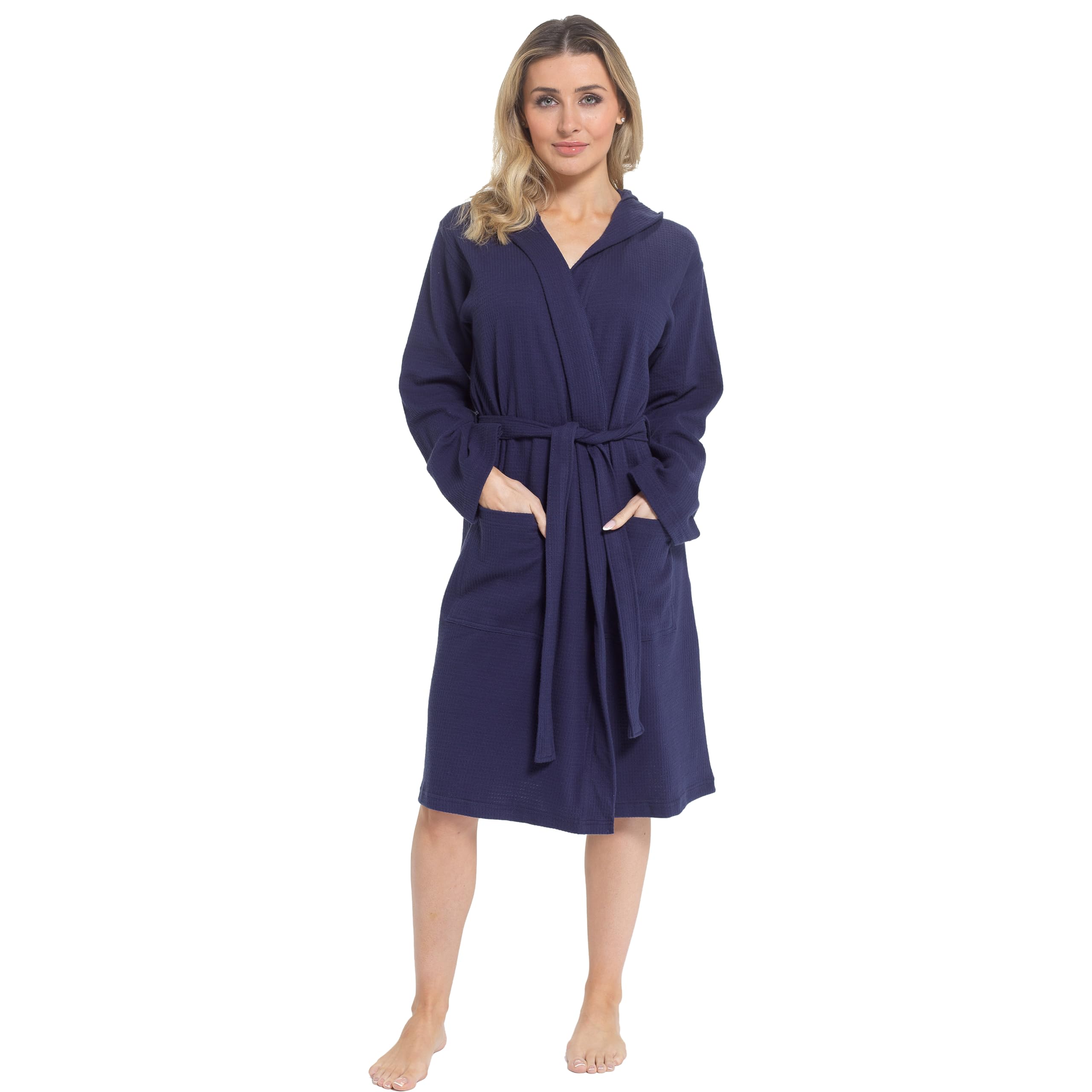 Daisy Dreamer Women's Hooded Waffle Cotton Bathrobe Dressing Gown Super Absorbent Spa Robes Ideal for Home & Loungewear, Navy Small
