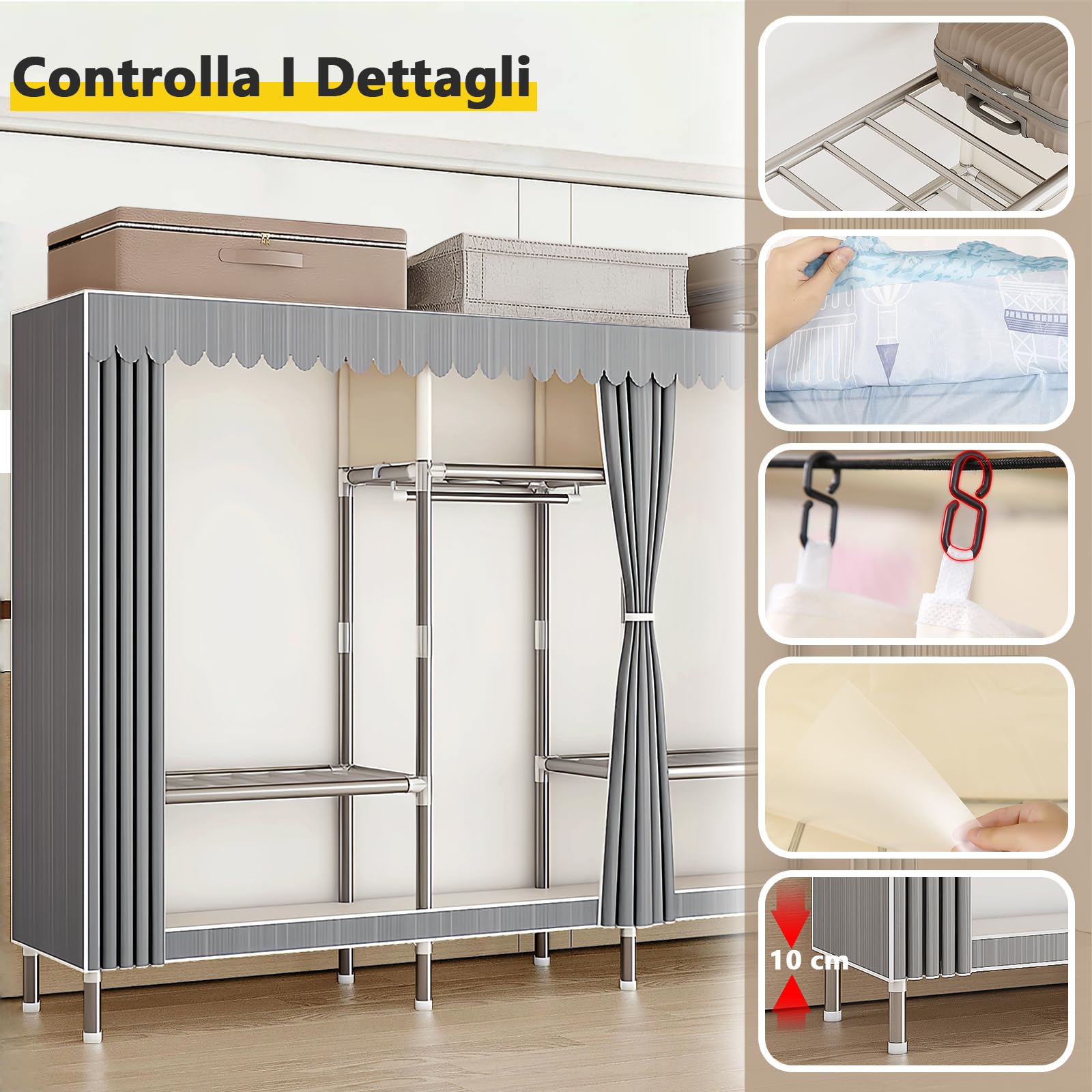 Armadio In Tessuto Richiudibile - Armadio Salvaspazio Veloce Da Montare, Mobile Per Camera Da Letto Con Strisce Grigie, Adatto Come Armadio Da Campeggio, Garage O Per Casa In Affitto