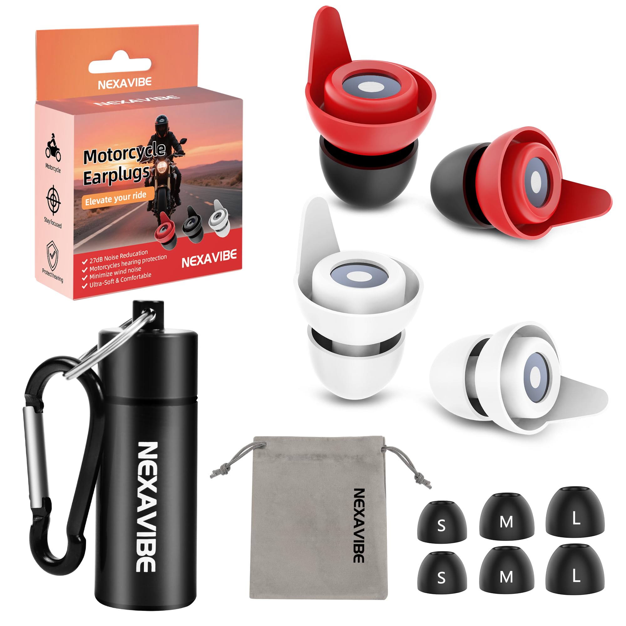 NEXAVIBE Ultra-Soft Motorcycle Earplugs - 27dB Noise Reduction (2 Pairs, 3 Sizes) | Helmet-Compatible with Aluminum Case | Rides, Concerts, Flights |