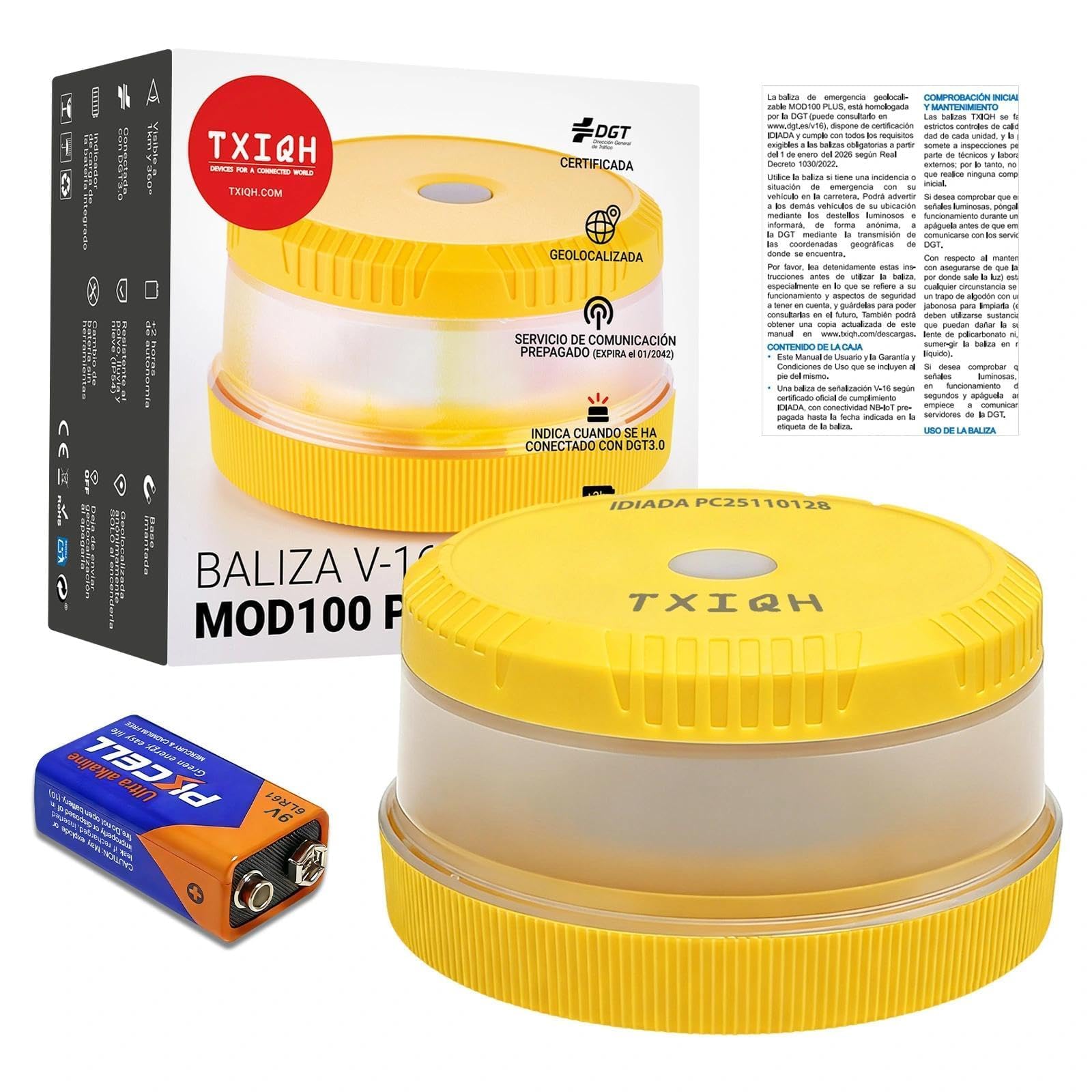 Baliza V16 Homologada DGT 3.0, Luces Emergencia Coche DGT, Ndice de Protección IP54, NB-IOT con Funcionalidad de Geolocalización, Base Imantada (1 PC)