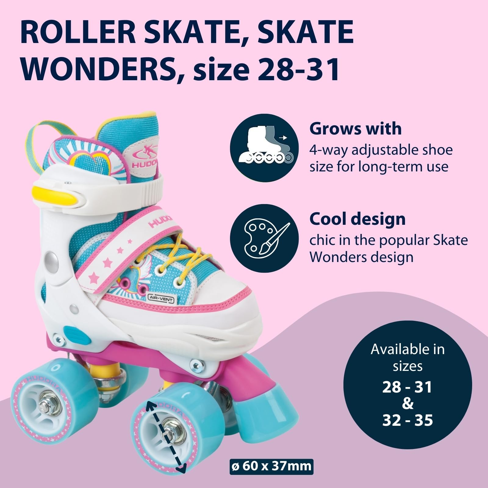 HUDORA Roller Skates Wonders w różnych rozmiarach – wygodne wrotki dziecięce z regulacją w 4 rozmiarach – stylowe wrotki dla dzieci do 60 kg – buty z wysokiej jakości nylonu