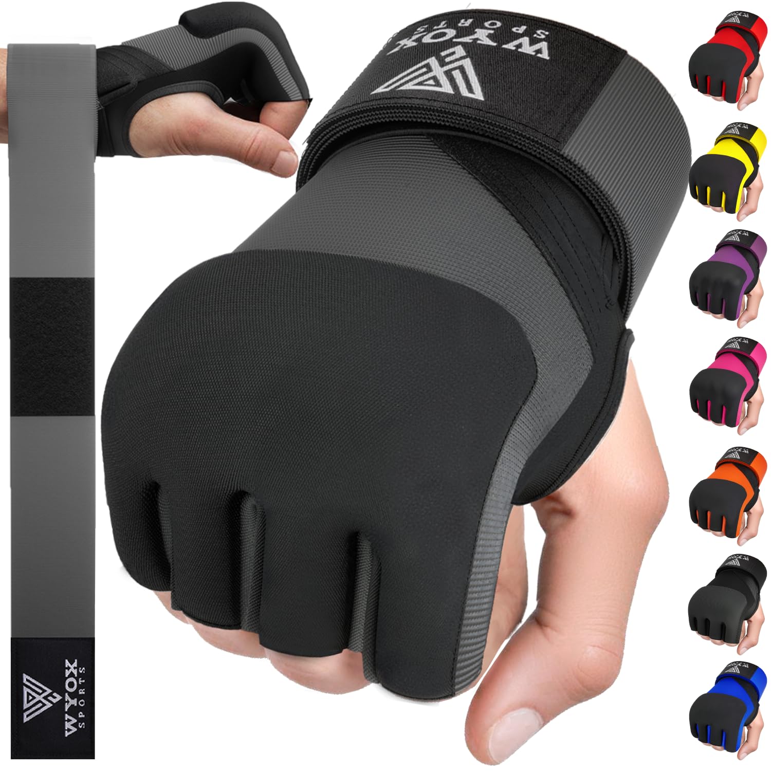 WYOX Fasce interne in gel da boxe, per uomini e donne, 80 cm, cinghie da polso rapide, protezione imbottita per nocche per Muay Thai, kickboxing, fasce per le mani per boxe e arti marziali