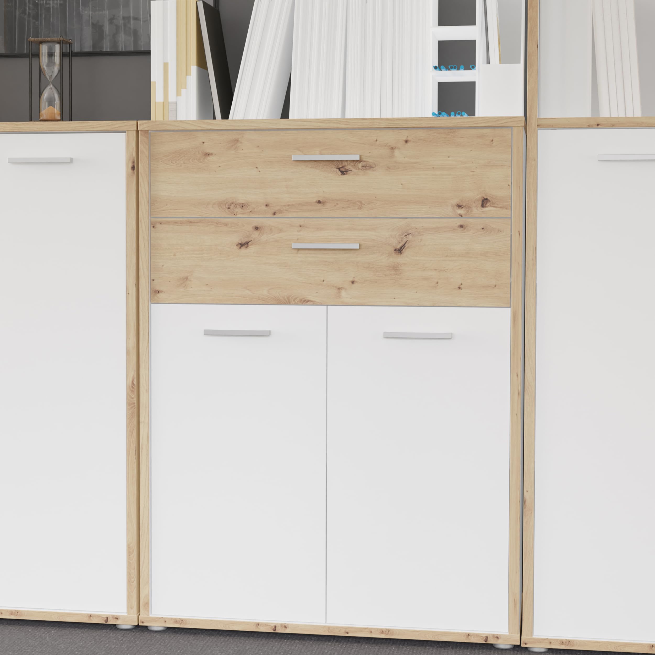 Forte KEFLAVIK Schrank 80 90, moderner Büroschrank mit 2 Türen und Schublade, Holzwerkstoff, Artisan Eiche Holzdekor | Weiß, 84,5 cm breit x 115,1 cm hoch x 41,5 cm tief