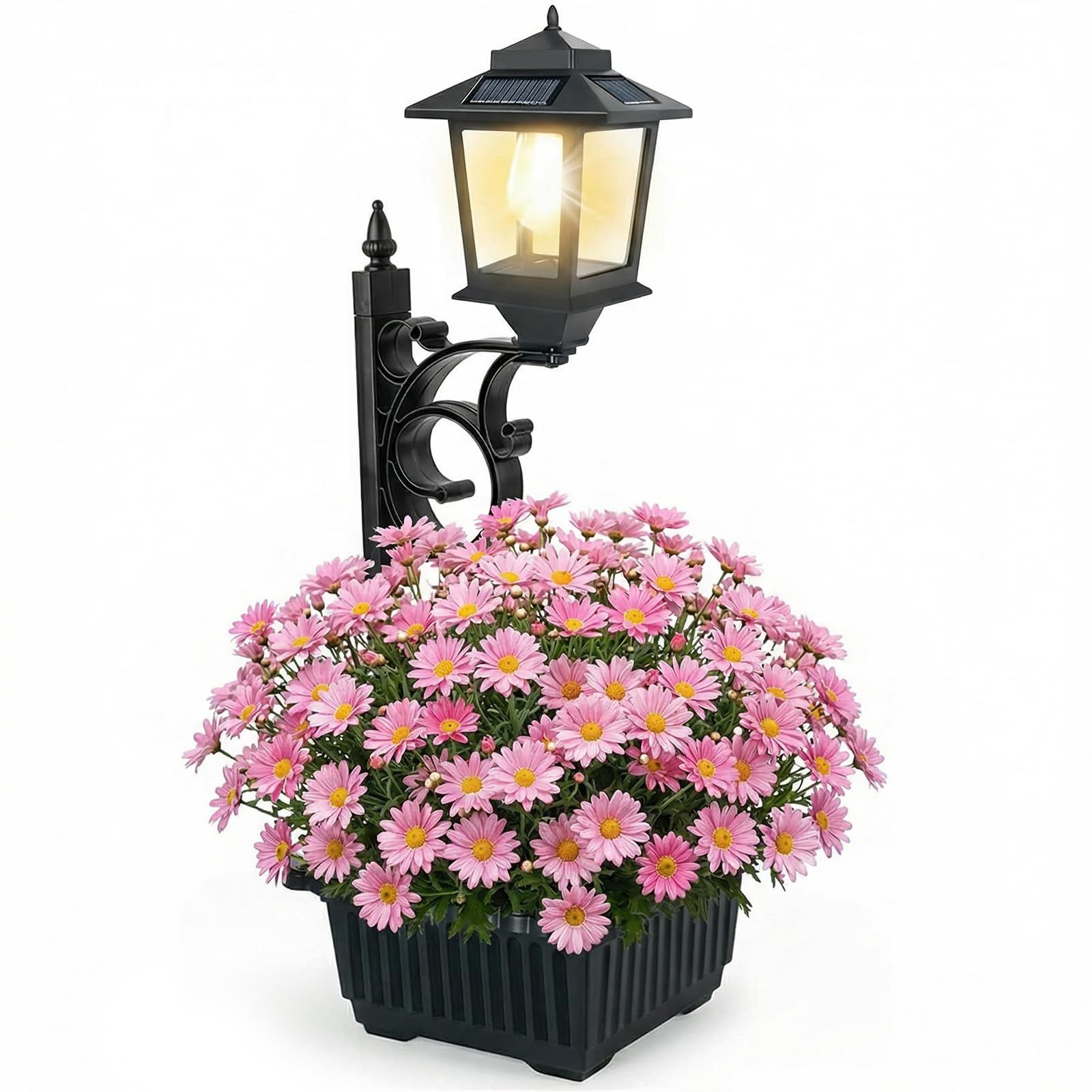 PASAMIC 2 in 1 Outdoor Flower Pots for Real or Fake Flowers, Solar Lamp Post Lights - Wall Mount or Freestanding, Waterproof Decorative Lamp for Lawn, Patio, Front/Back Door