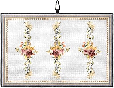 Spring Flower Golf Towel with Carabiner Clip, Floral Leaves Circle Geometric Microfiber Waffle Pattern Golf Towel, Golf Accessories for Cleaning Clubs and Balls, 24x16 in
