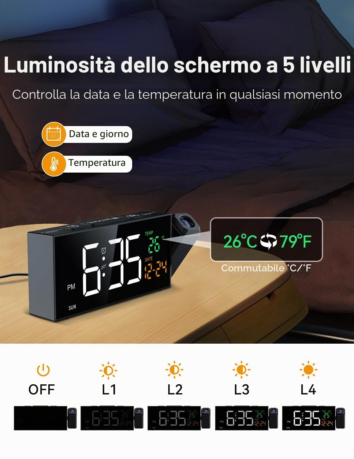 Sveglia digitale con funzione di proiezione, sveglia con proiettore a 350°, termometro, data, grande display, 10 suonerie, snooze, 5 luminosità, 4 volumi, DST manuale, sveglia rumorosa camera da letto