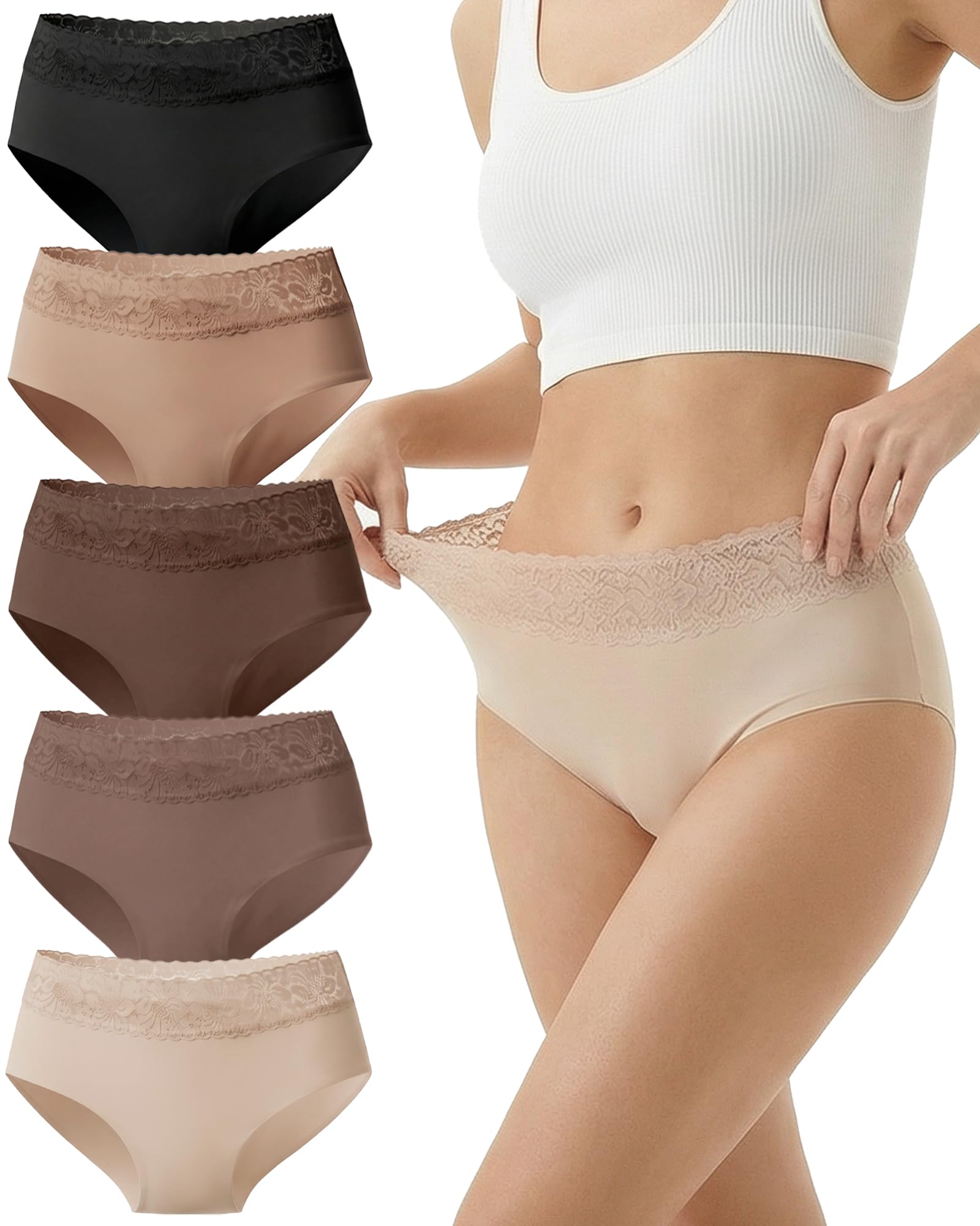 Cevapro Seamless Underwear for Women With Soft Lace Waistband No Show Laser Cut Lace Panties Women Underwear Seamless