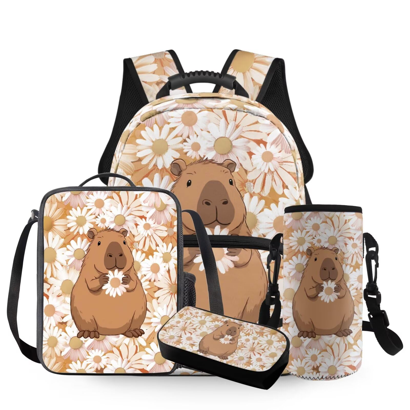 HUGS IDEA Daisy Capybara School Bag for Girls 15 Inch Kids Backpacks for Preschool Kindergarten Girls School Backpack with Lunchbox Multifunctional