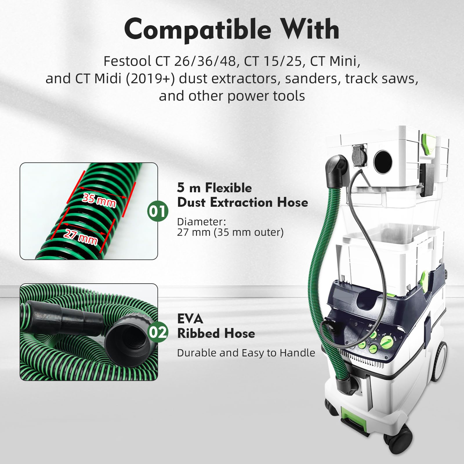 Manguera de Aspiración de Polvo de 5 m con Funda Protectora Compatible con Festool CT 26/36/48, CT 15/25, CT MINI y CT MIDI desde 2019, Manguera EVA D27 (Ø35 mm) con Funda Protectora para Lijadoras