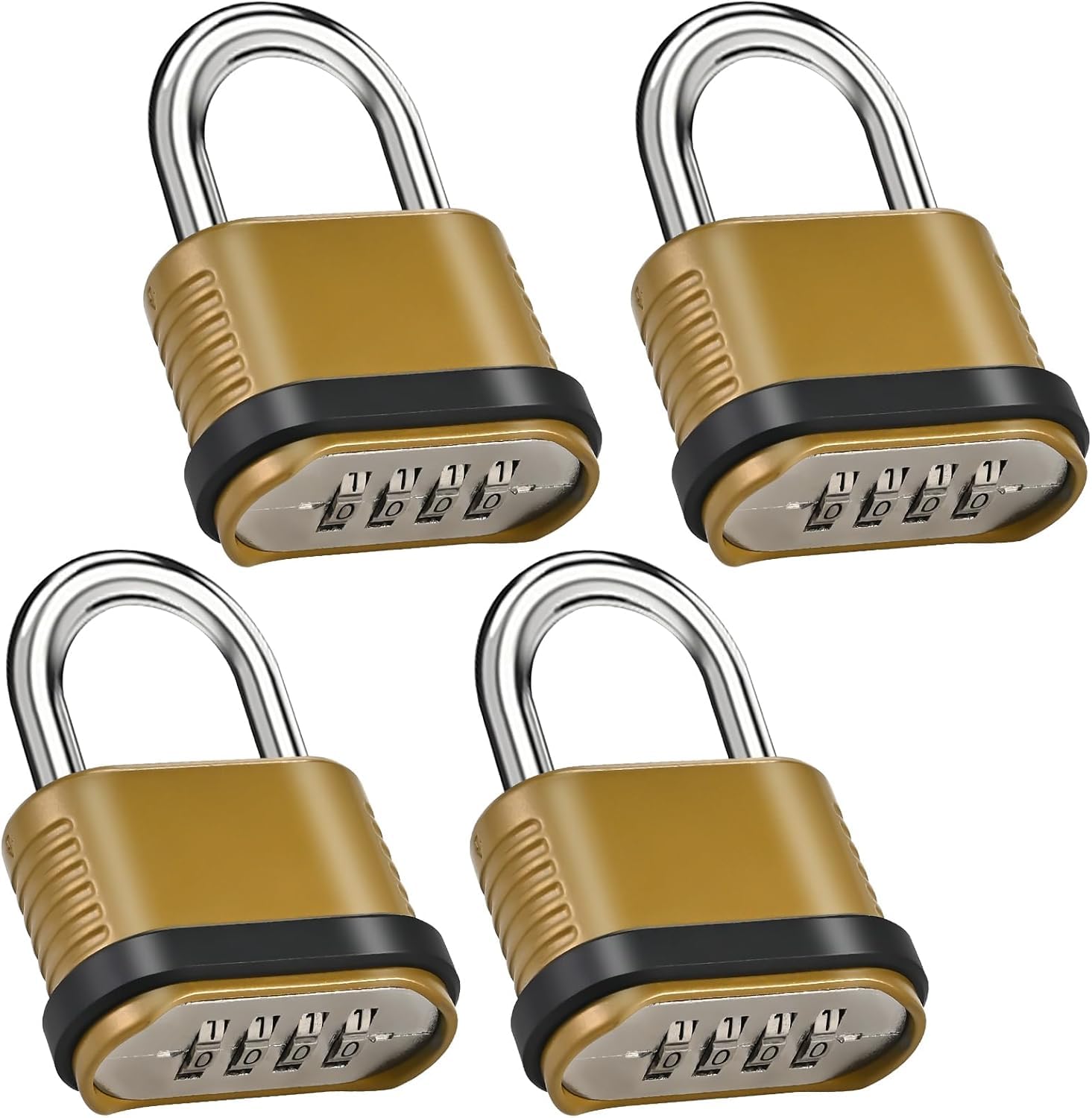 Paquete de 4 candados de combinación de 4 dígitos, candado combinado resistente al agua de 26.5 mm para exteriores, casillero, cobertizos, gimnasio, cerrojos de puerta, dorado (4 unidades, grillete