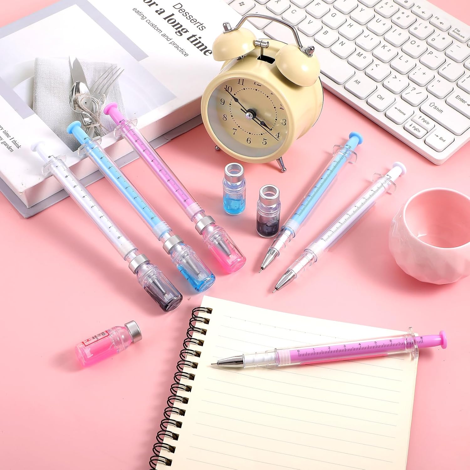 24 PCS Syringe Pen Bulk, 0.5mm Black Ink Needle Pens for Writing - 6.18in Syringe Pens for Nurses, Medical Theme Gel Pen, Office Party Favors(White, Blue, Pink)