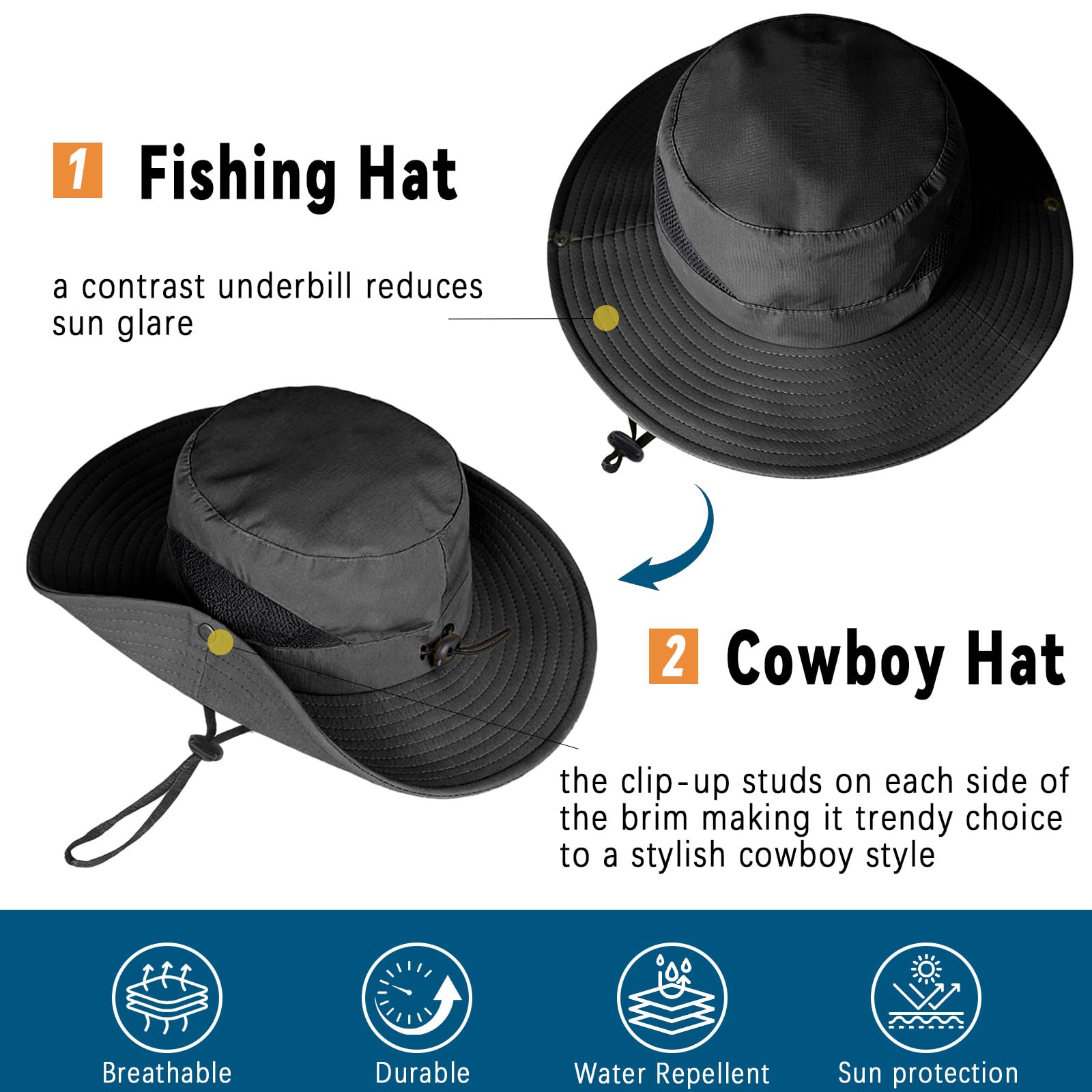 ZOORON Sombreros de Sol para Hombres y Mujeres, Sombreros de ala Ancha, protección UV, UPF50+, Impermeables, para Pesca, Senderismo, Campamento (Paquete de 2, Negro y Gris Claro), Paquete de 2, Negro
