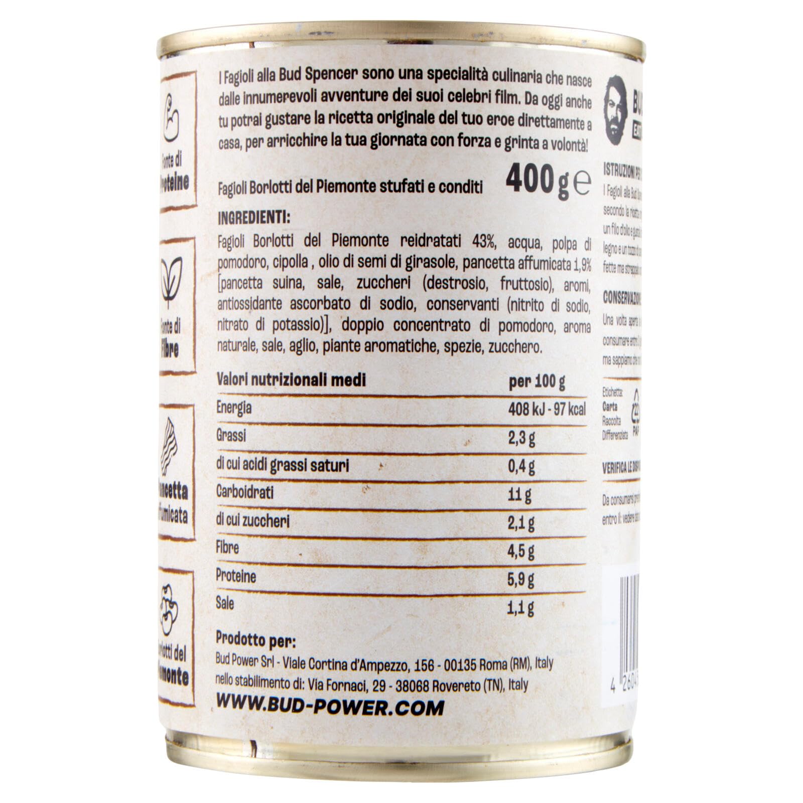 Fagioli alla Bud Spencer - Frijoles blancos con salsa de tomate, caja 12x 400 g | Receta italiana original | Listos para calentar | Fuente de proteínas | Ideal camping y comidas rápidas + Italian