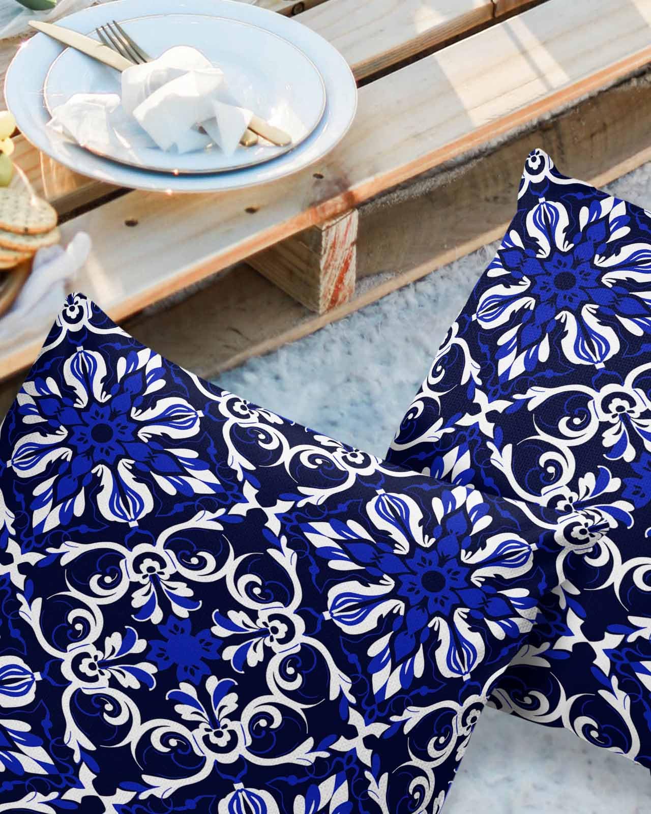 Blue Boho Floral Outdoor Pillow Cover 16x16 Inch Cushion Sham Case, Waterproof Decorative Square Throw Pillowcase for Outside Garden Patio Porch Couch Chair Tent Abstract Oriental Bohemian Flower