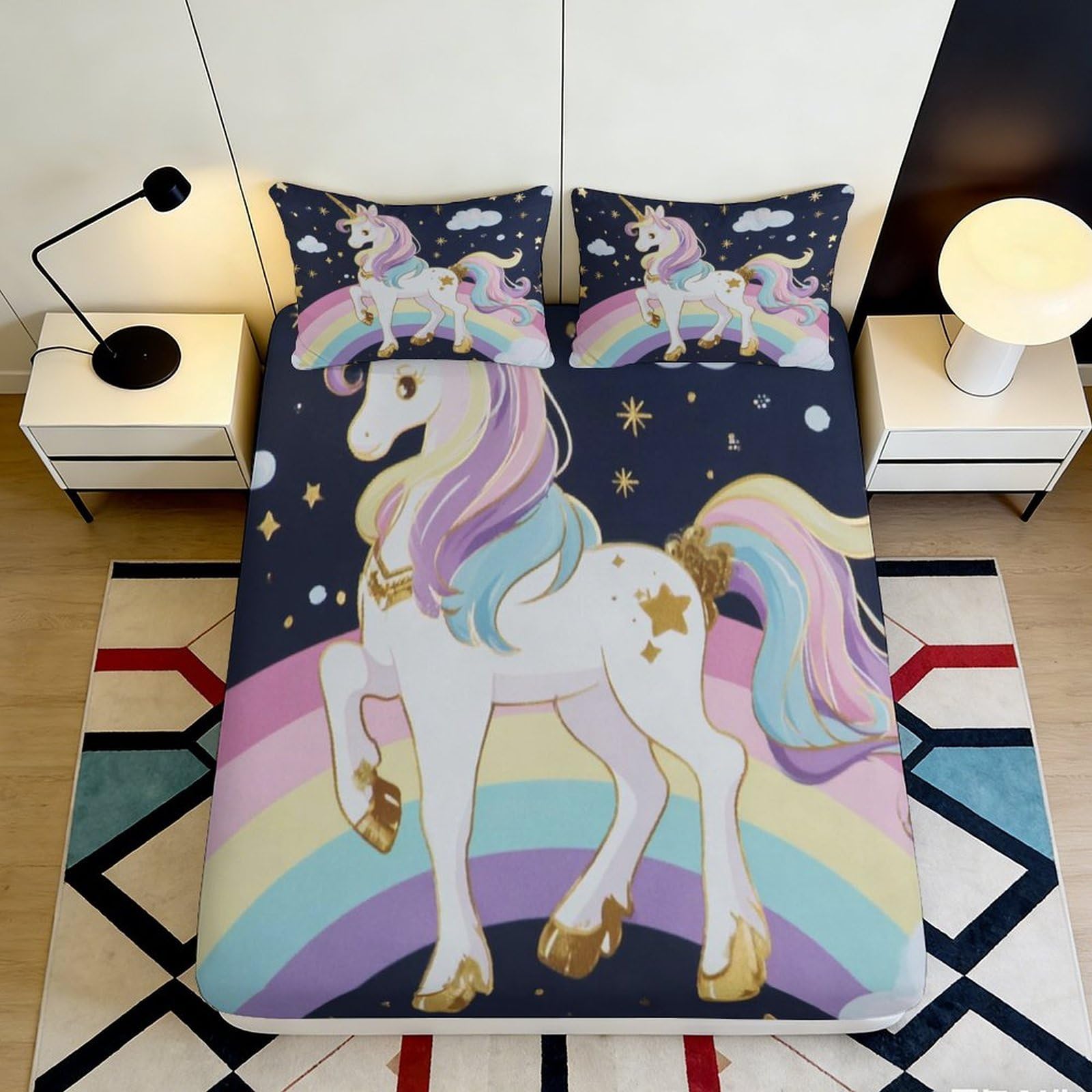 3D Printed Unicorn Rainbow Fitted Sheet Microfiber Soft Durable 3D Printed Magical Pony Bed Cover for Bedroom Dormitory Guest Room Mattress Protection 140x200x25cm