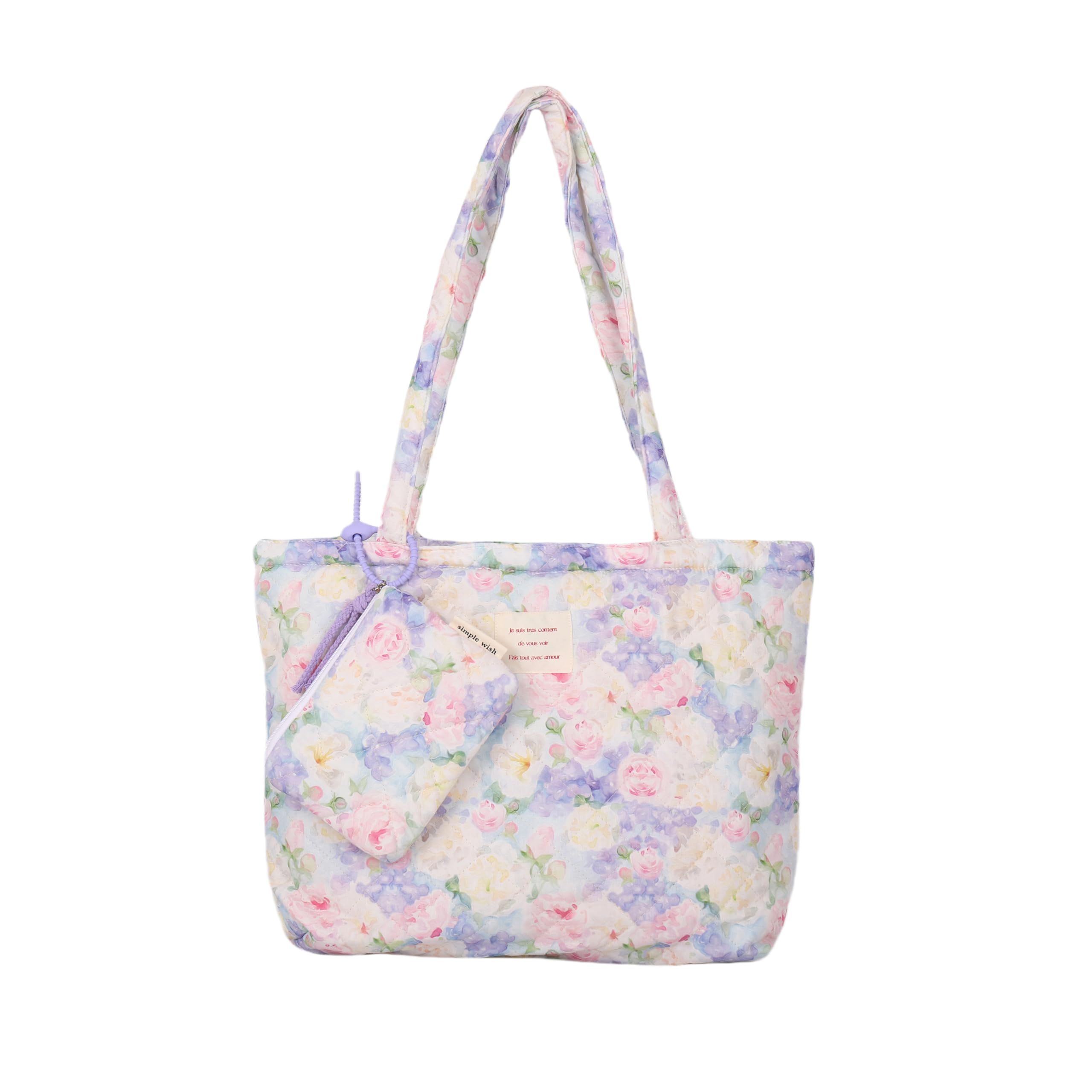 Floral Quilted Cotton Shoulder Bag Set 2-in-1 Tote with Mini Pouch Women’s Lightweight Reusable Daily Handbag A054