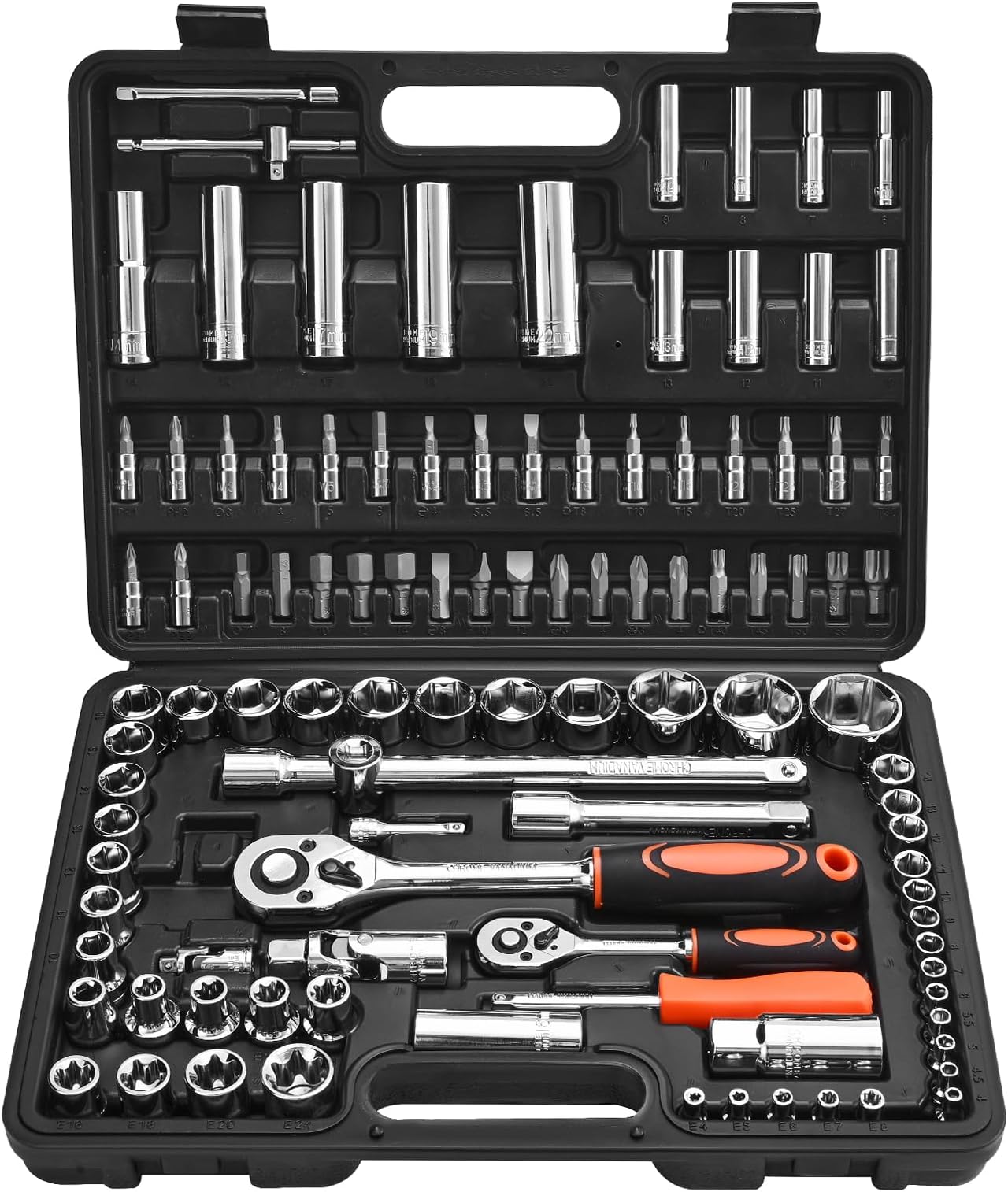 Socket Set, 108 Pieces, 1/4 & 1/2 inch Drive Socket and Ratchet Set, Metric Size from 4 to 32 mm, Mechanic Tool Kit with Bits, Accessories, Storage Case, CR-V Alloy Steel, for Automotive Repair