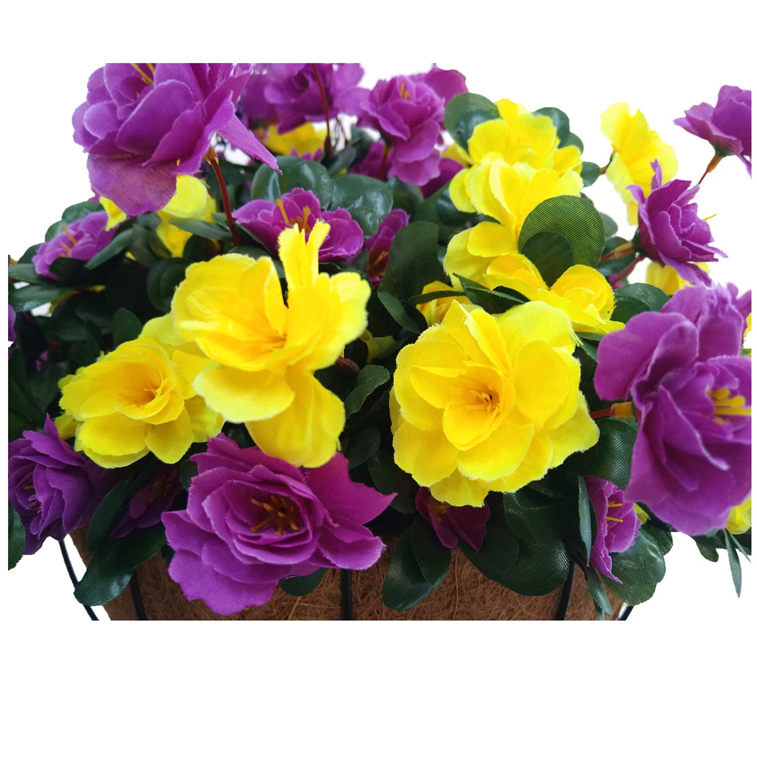 Décoration intérieure et extérieure - Grandes azalées artificielles en soie jaune et violet - Panier à suspendre avec pot de fleurs (grand panier)