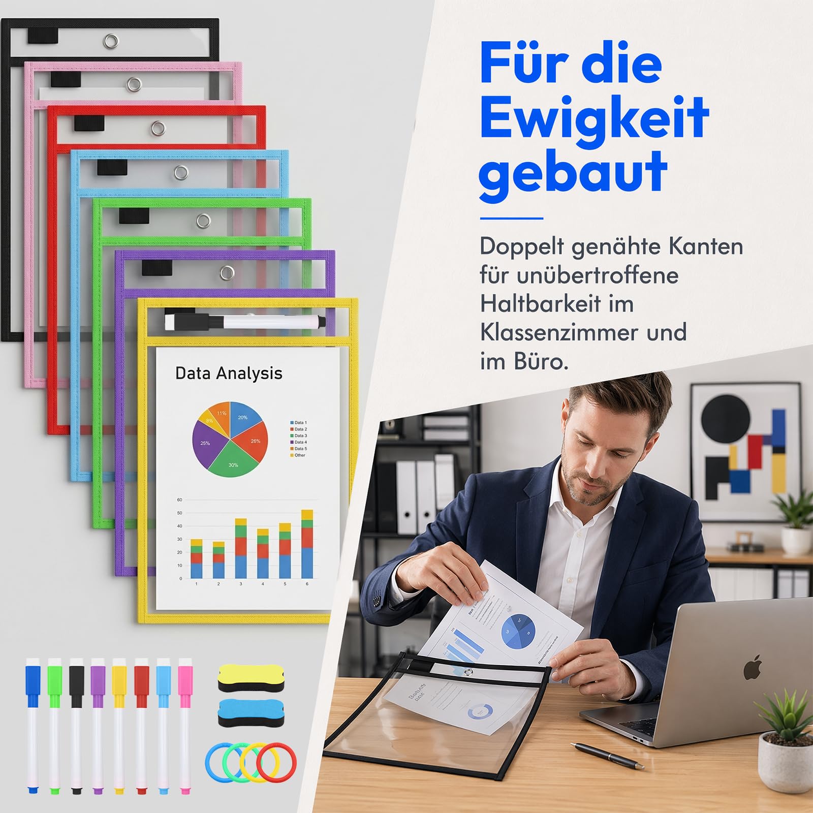 16 Stück Dry Erase Taschen, Abwischbare Durchsichtige Hüllen mit 16 Löschbare Stifte und 3 Radiergummi, A4 Wiederverwendbar Dry Erase Pockets für Schule, Büro, Zuhause
