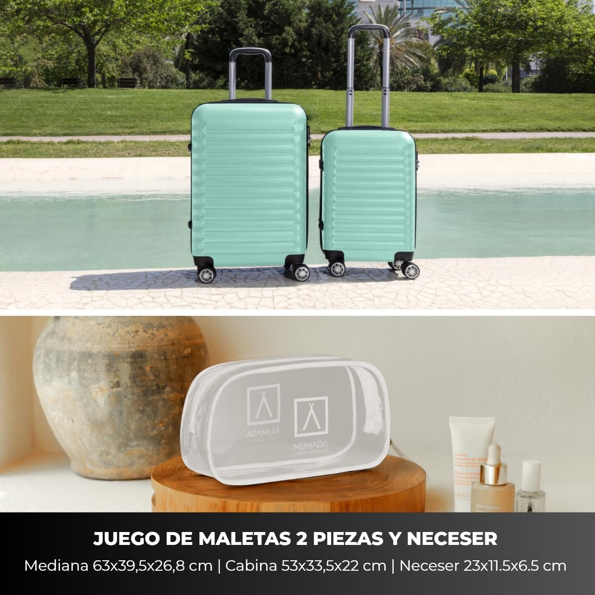 NUMADA-Juego de Maletas Rígidas 3pzs. Maleta Cabina 53cm, Maleta Mediana 63cm y Neceser. Set de Maletas de Viaje ABS Eco Friendly, 4 Ruedas Dobles, Resistentes, Ligeras y Seguras (Verde)