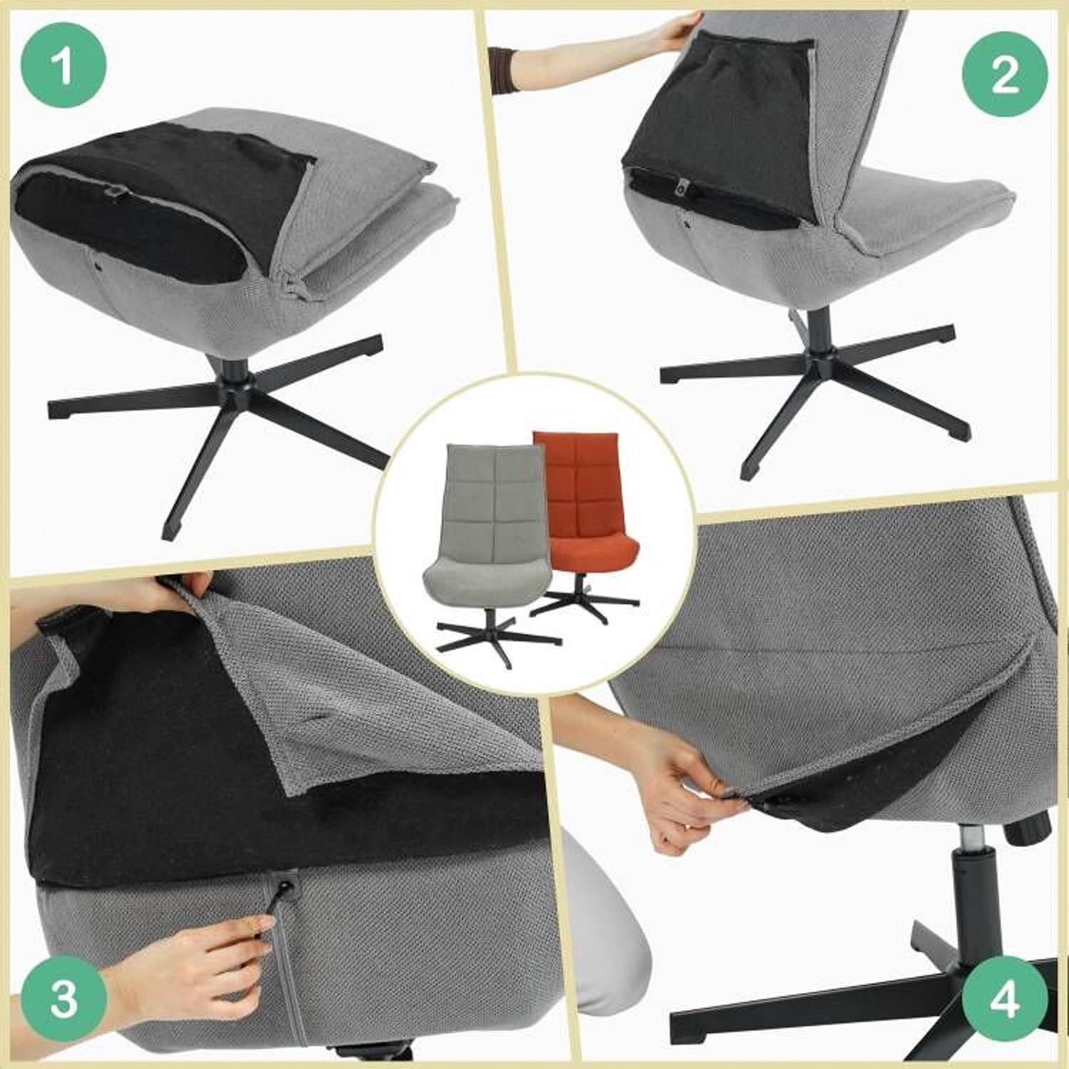 Sillón Giratorio Moderno con función reclinable, cojín de Asiento de Tela, Base de Metal, Gris