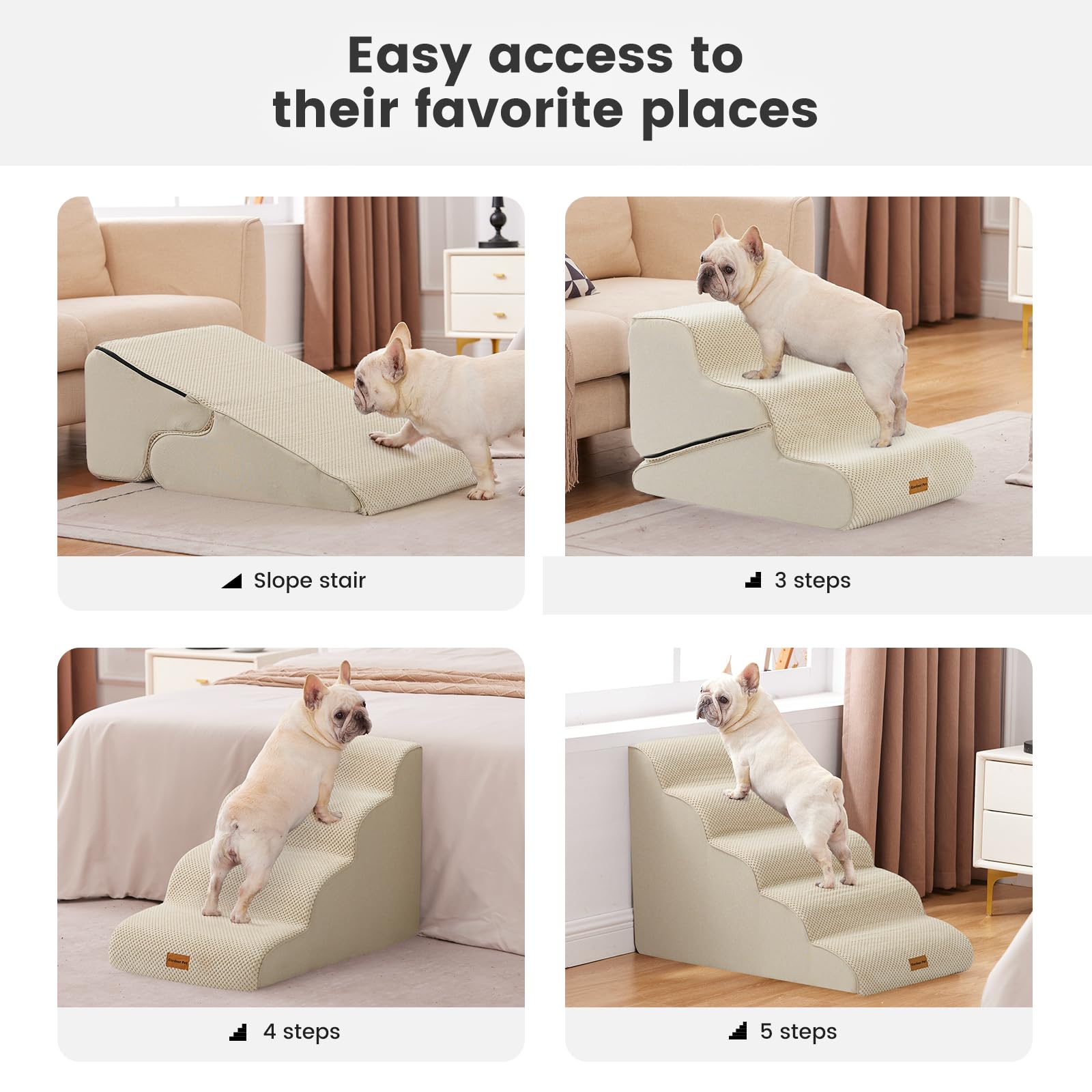Gardner Pet Scala per Cani Piccoli 58cm, 5 Gradini, Rampina in Schiuma con Rivestimento Antiscivolo e Impermeabile per Letto, Divano e Auto, Beige