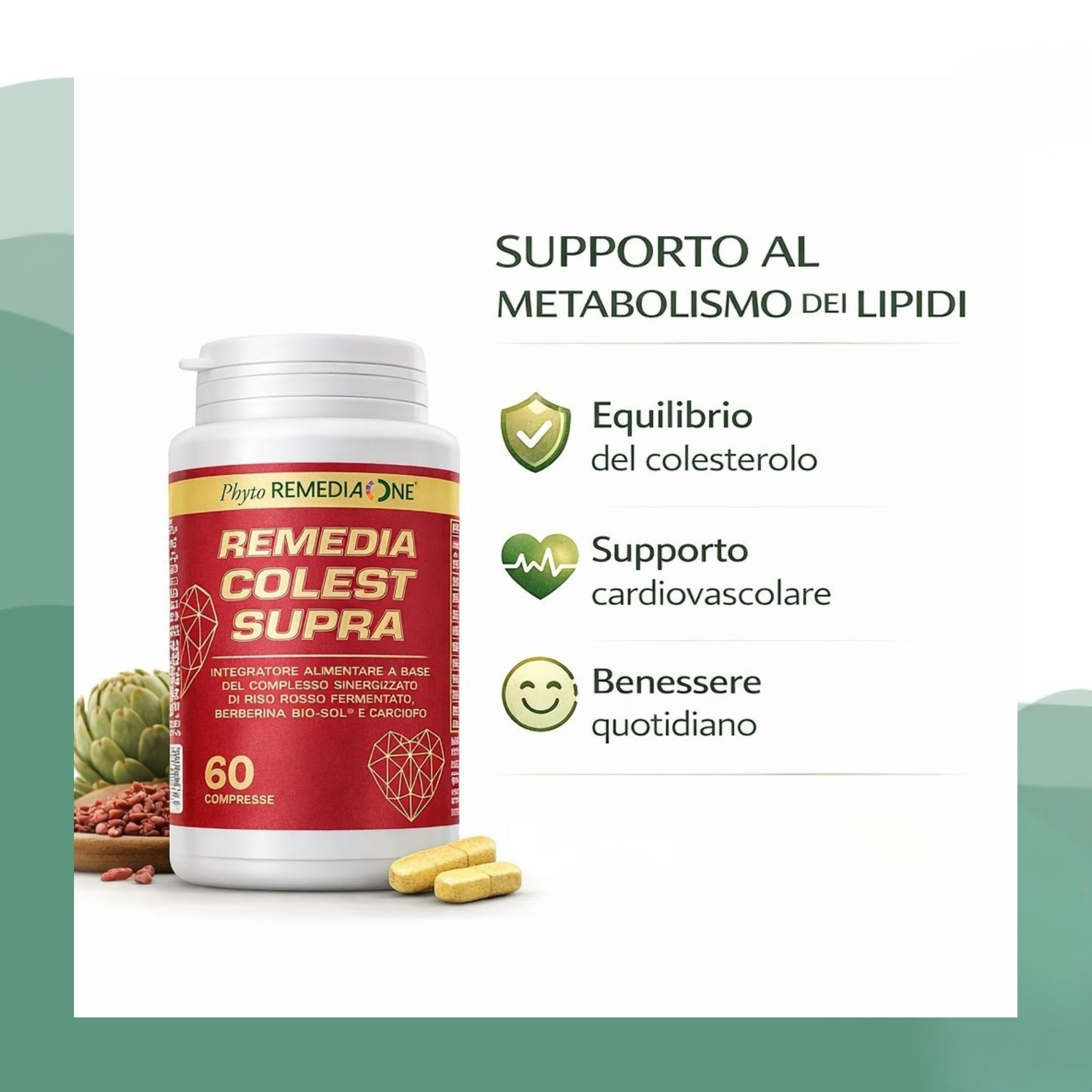 REMEDIA ONE Colest Supra - Integratore con Berberina Liposomiale e Riso Rosso Fermentato Colesterolo, Coenzima Q10, Carciofo, Melograno – 60 Compresse