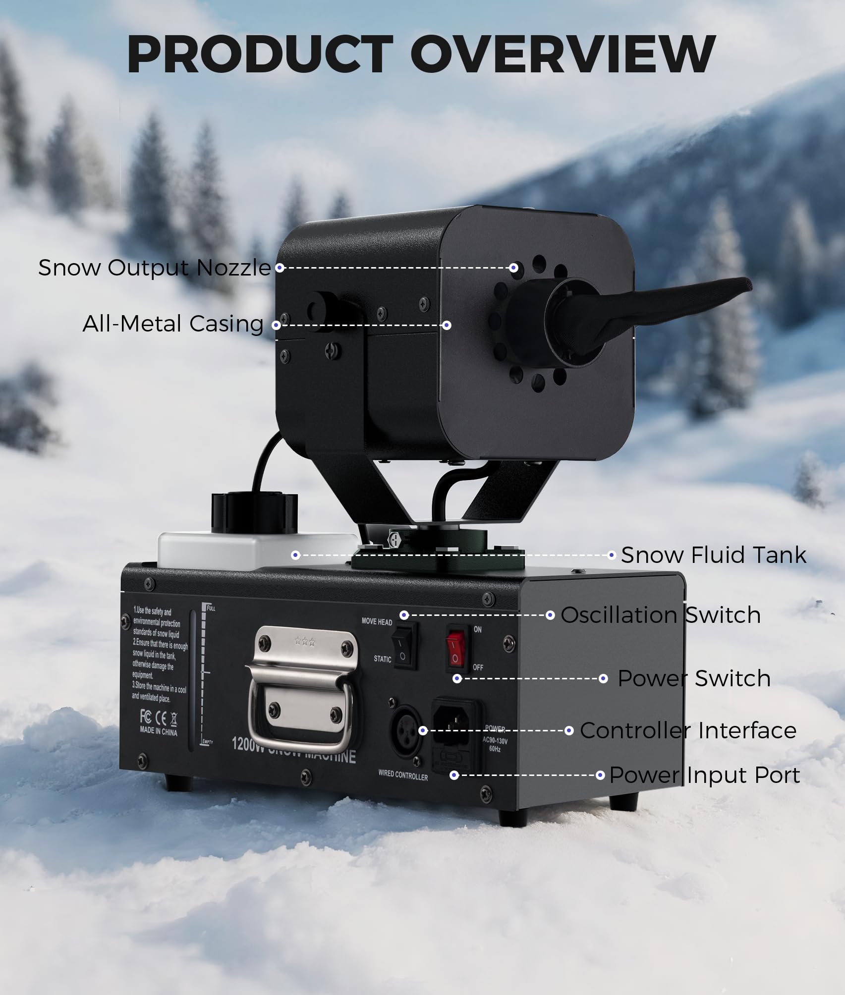 Schneemaschine 1200W, automatische 90° Oszillation | einstellbare Schneemenge & Flockengröße | für Außenbereich, Weihnachten, Hochzeiten, Partys, Bühnen | Schneefallmaschine