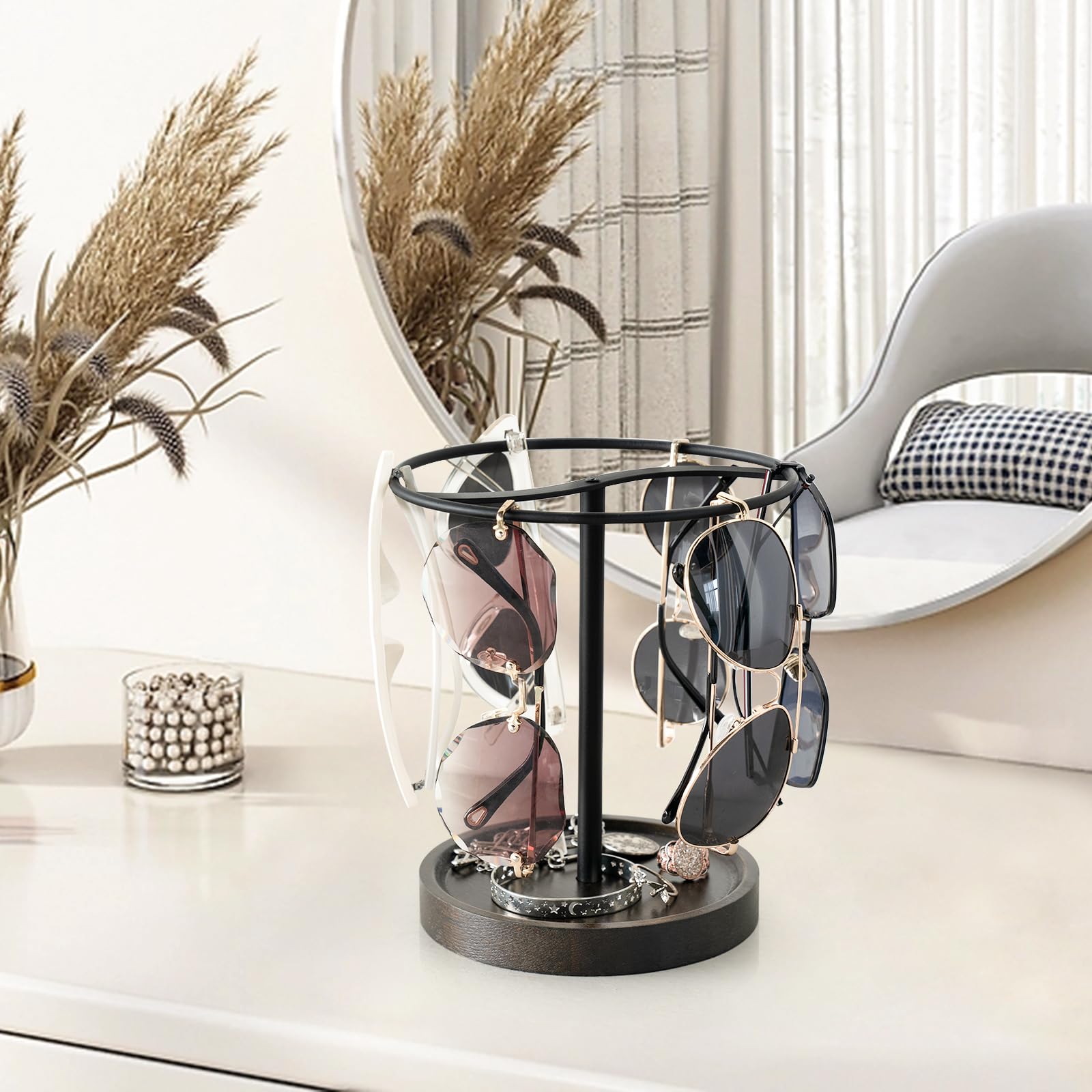 Dahey Organizador de gafas de sol, soporte de metal con bandeja de madera para gafas, aretes, anillos, exhibición de almacenamiento de joyas, hasta 12 pares de gafas para mesa, tocador, escritorio,