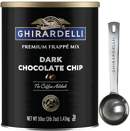 Ghirardelli Mezcla de frappé con chispas de chocolate negro, lata de 3.12 libras con cuchara barista estampada Ghirardelli disponible en Yaxa Colombia