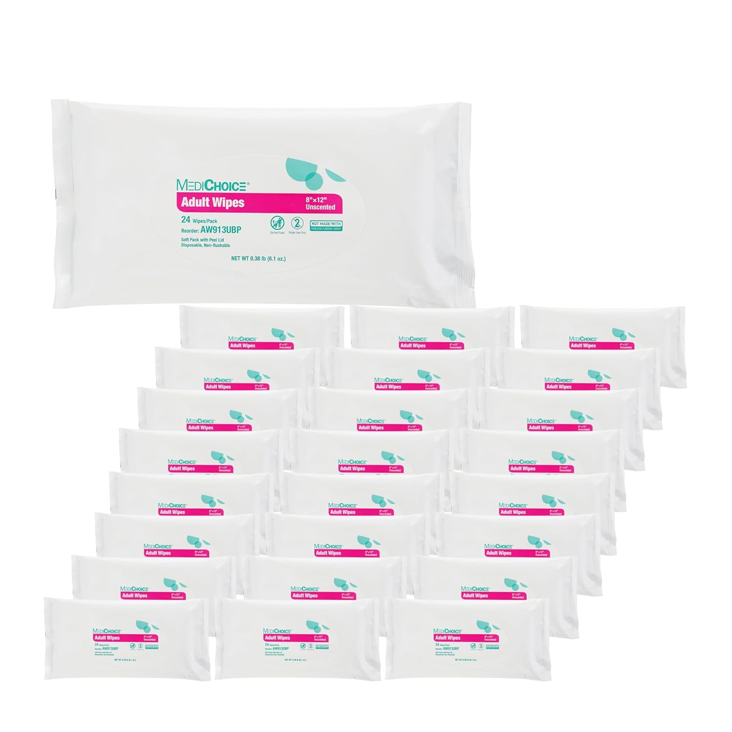 MediChoice Premium Adult Cleaning Wipes, Unscented, 8 x 12 Inch, 1314AW913UBP (Case of 576/24 Packs of 24 Wipes)