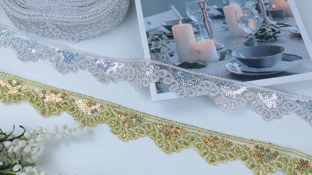 silver trim for dresses Amazon.com: FINGERINSPIRE 20 Yards Metallic Braid Lace Trim 3/4inch Wide 3D Flower Lace Ribbon Fabric Sewing On Metallic Silver Sequin Ribbon Trim for DIY Craft Bridal Dress Costume Jewelry Decoration