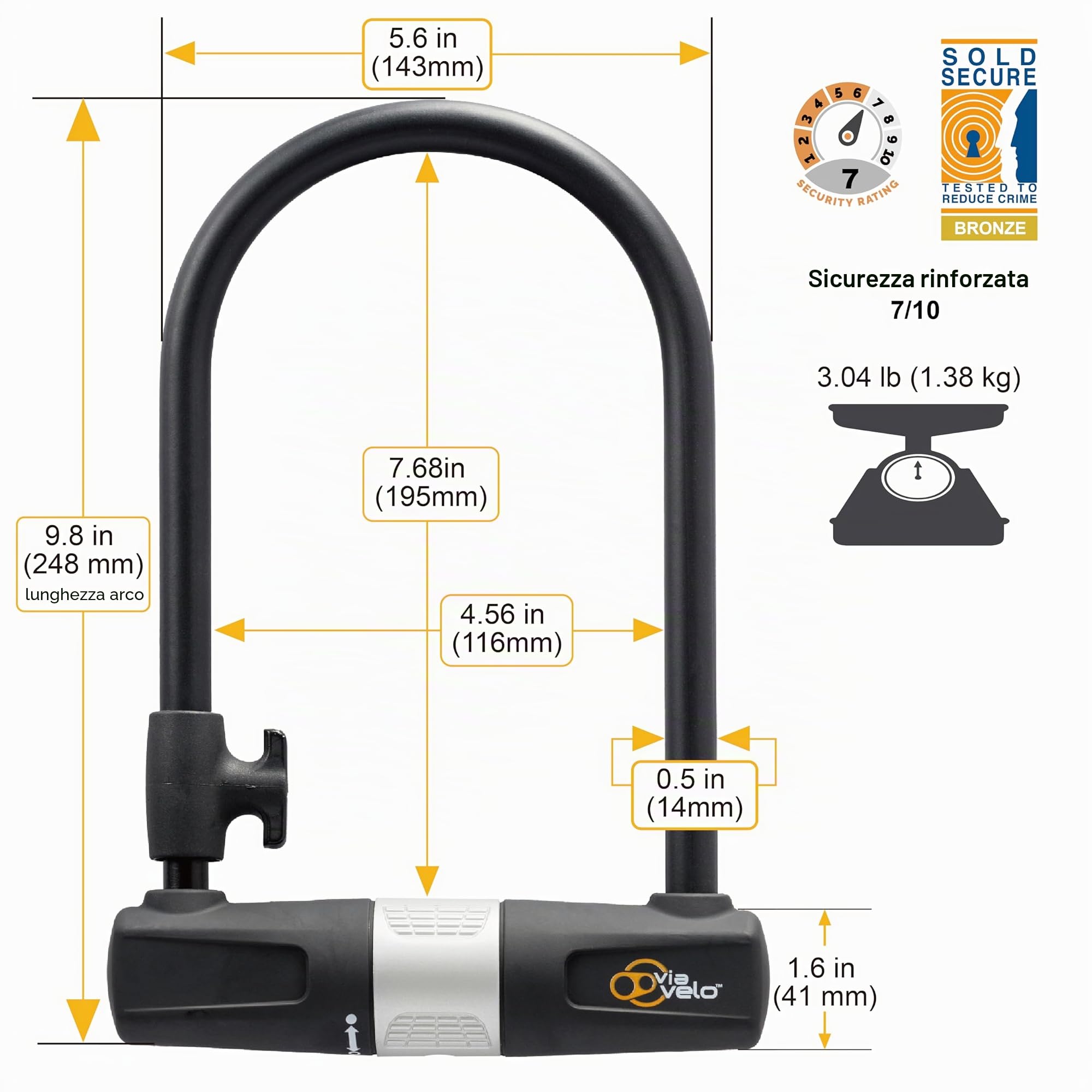 Via Velo Lucchetto per Bici a U Ansa di 14 mm e Cavo di 10 mm / 1,8 m con Supporto di Montaggi