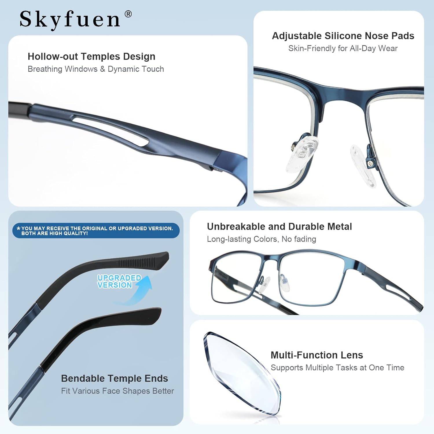 SKYFUEN Unbreakable Progressive Reading Glasses Men Multifocus Metal Full Frame, Blue Light Blocking/UV400 Protection Computer Readers with Durable Flexible Spring Hinges(Gunmetal+Navy Blue, +1.75) - Image 5