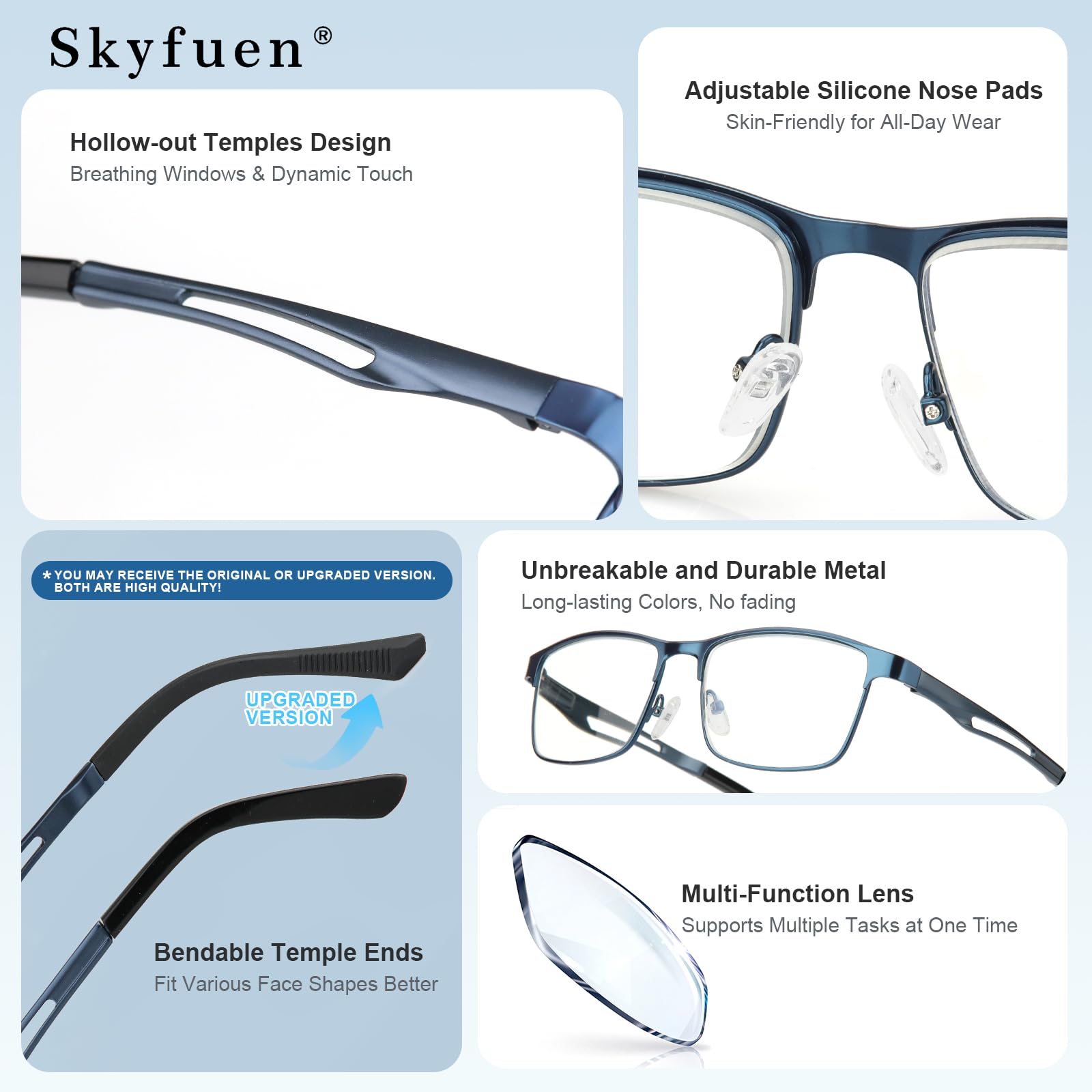 SKYFUEN Progressive Lesebrille für Herren, Multi-Fokus-Metallrahmen, Blaulichtblockierung, Computerleser mit Federscharnieren