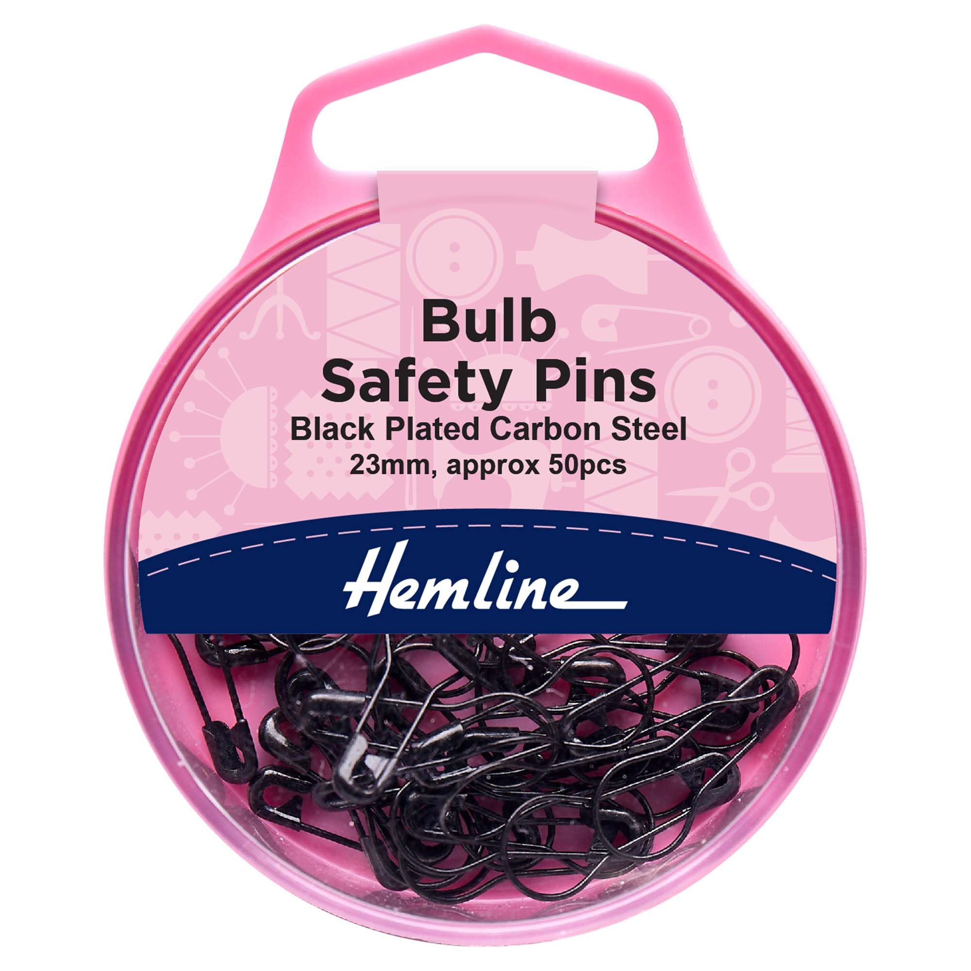 Hemline Bulb Safety Pins – 23mm Black Carbon Steel – 50 Piece Box