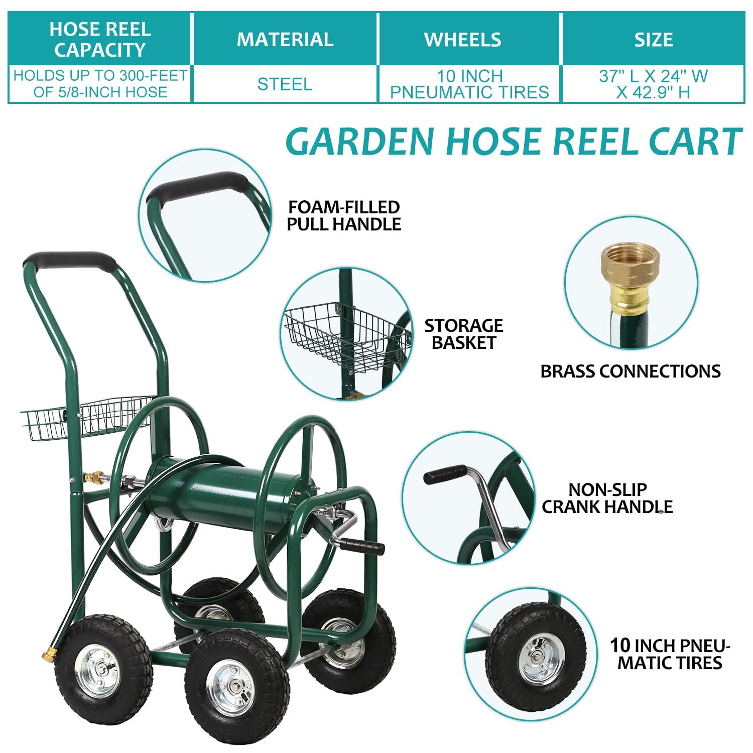 Carrello avvolgitubo da giardino a spinta manuale, carrello resistente per tubi da 100 metri di tubo da 1,5 cm e 20,3 cm, carrello per piantare acqua all'aperto, camion per giardino e cortile
