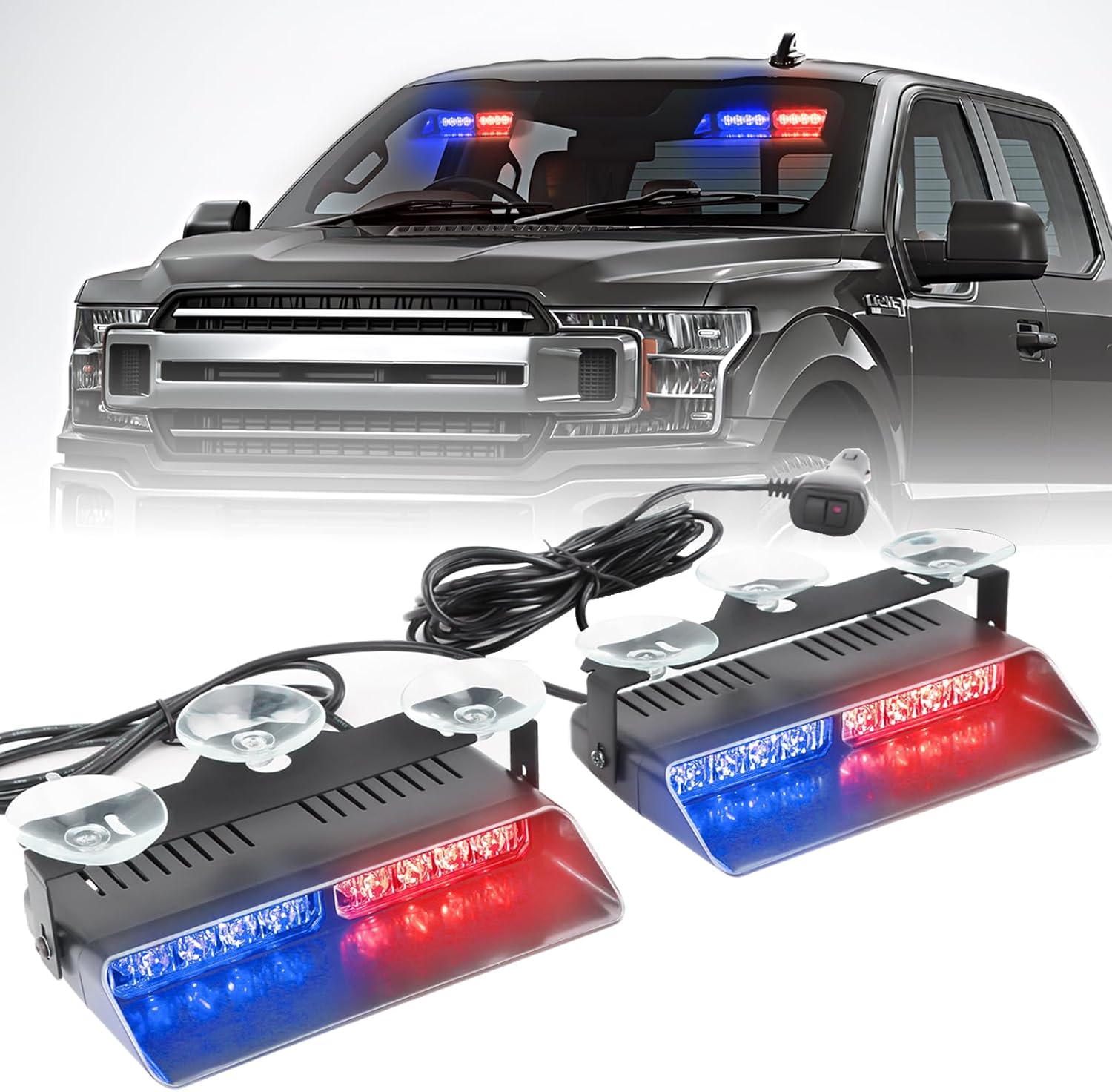 2 in 1 LED Emergency Dash Strobe Light Bar Front/Rear Windshield Safety Flashing Warning Hazard Interior Lights for Police Firefighter Construction Vehicles Trucks (2x7.5 inch, Blue/Red) #04 Red/Blue