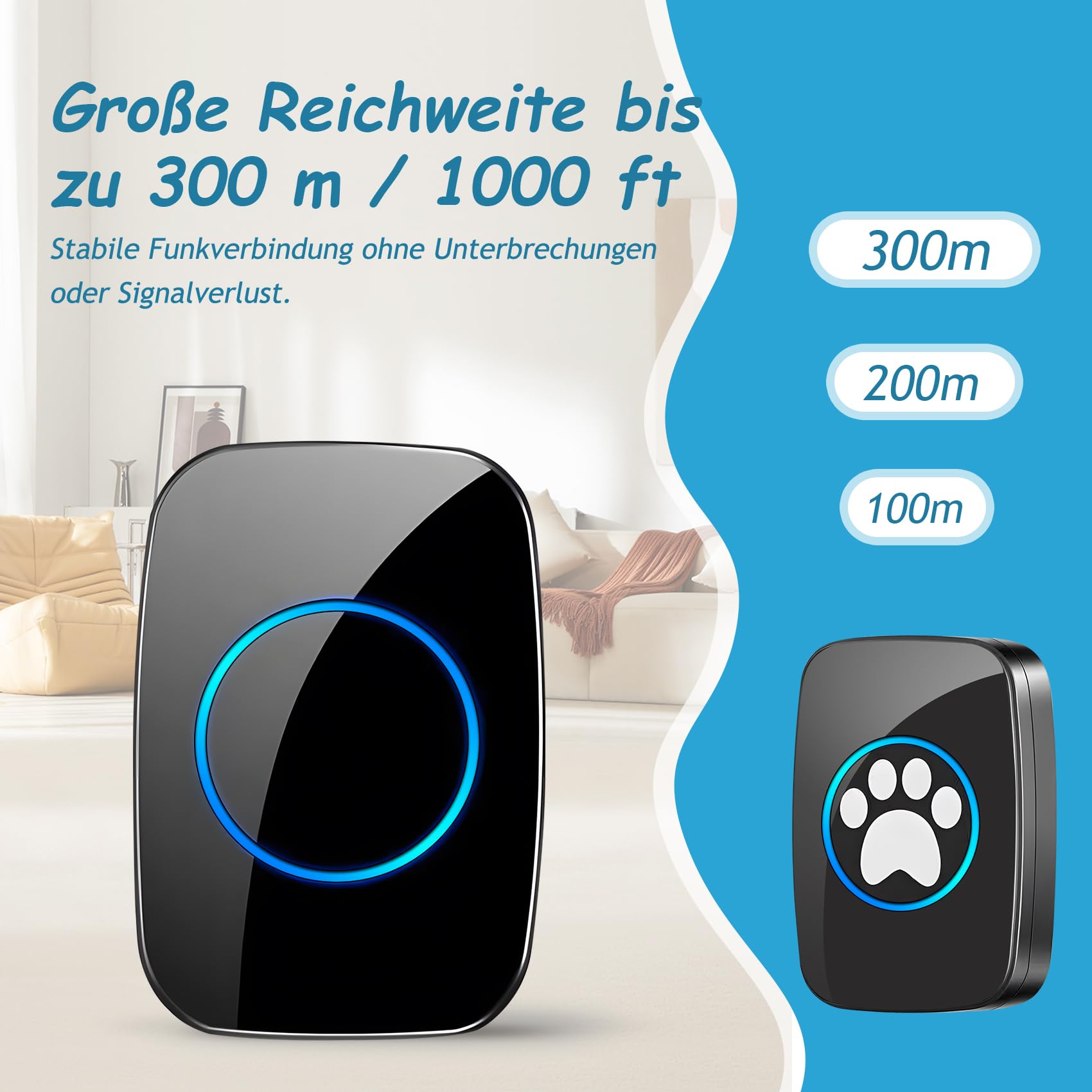 A10 Katzenklingel & Hundeklingel – Kabellose Türklingel, 300 m, LED, 60 Melodien, Wasserdicht, Buzzer Hund, Katzenglocke, Katzen Klingel Tür Außenbereich (1 Klingeltaster + 1 Empfänger)
