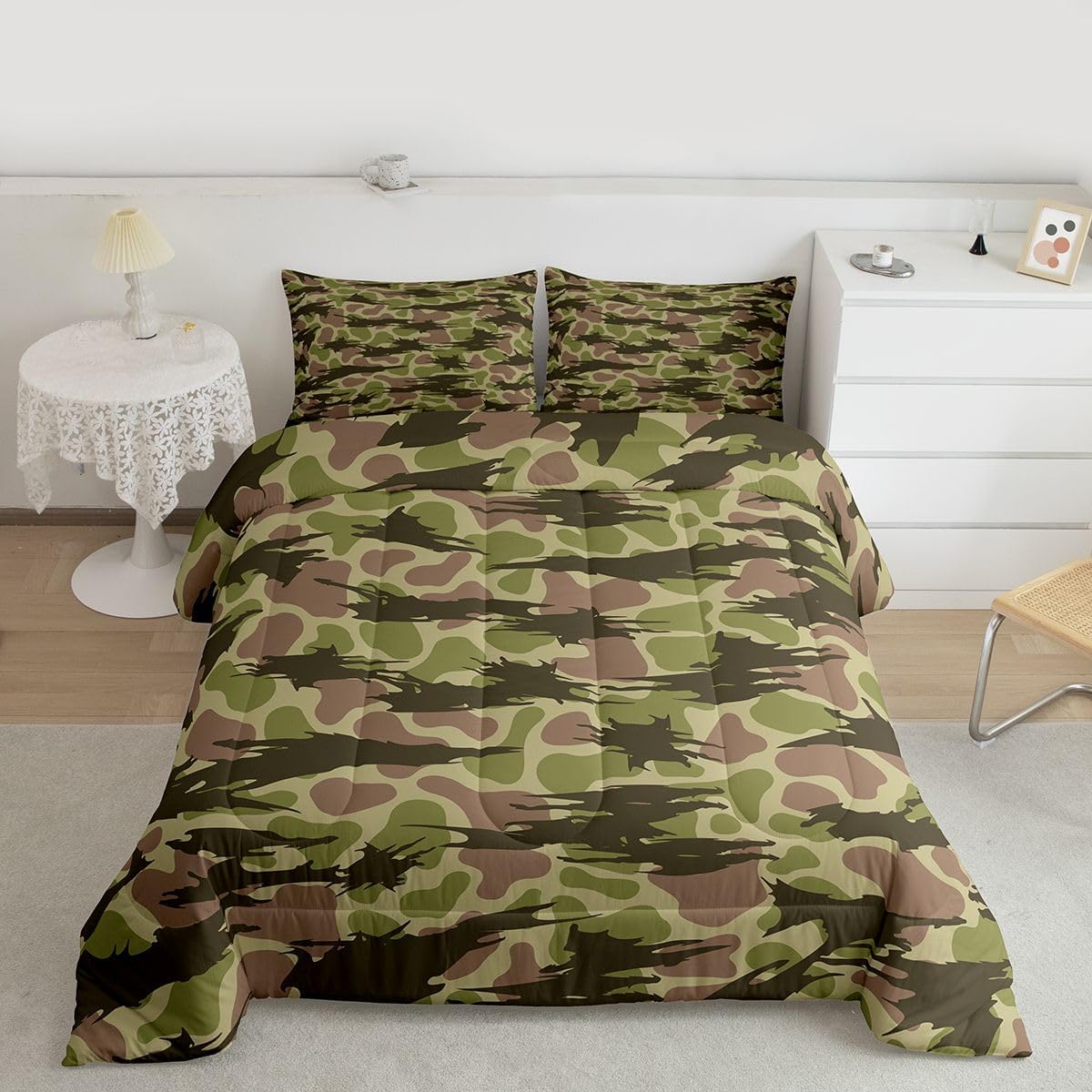 Feelyou Green Camouflage Bedding Set Toddler Size for Boys Teens Adults Camo Hunting Comforter Set Rustic Camping Cabin Bedspread,Country Farmhouse 1 Comforter 1 Pillowcase