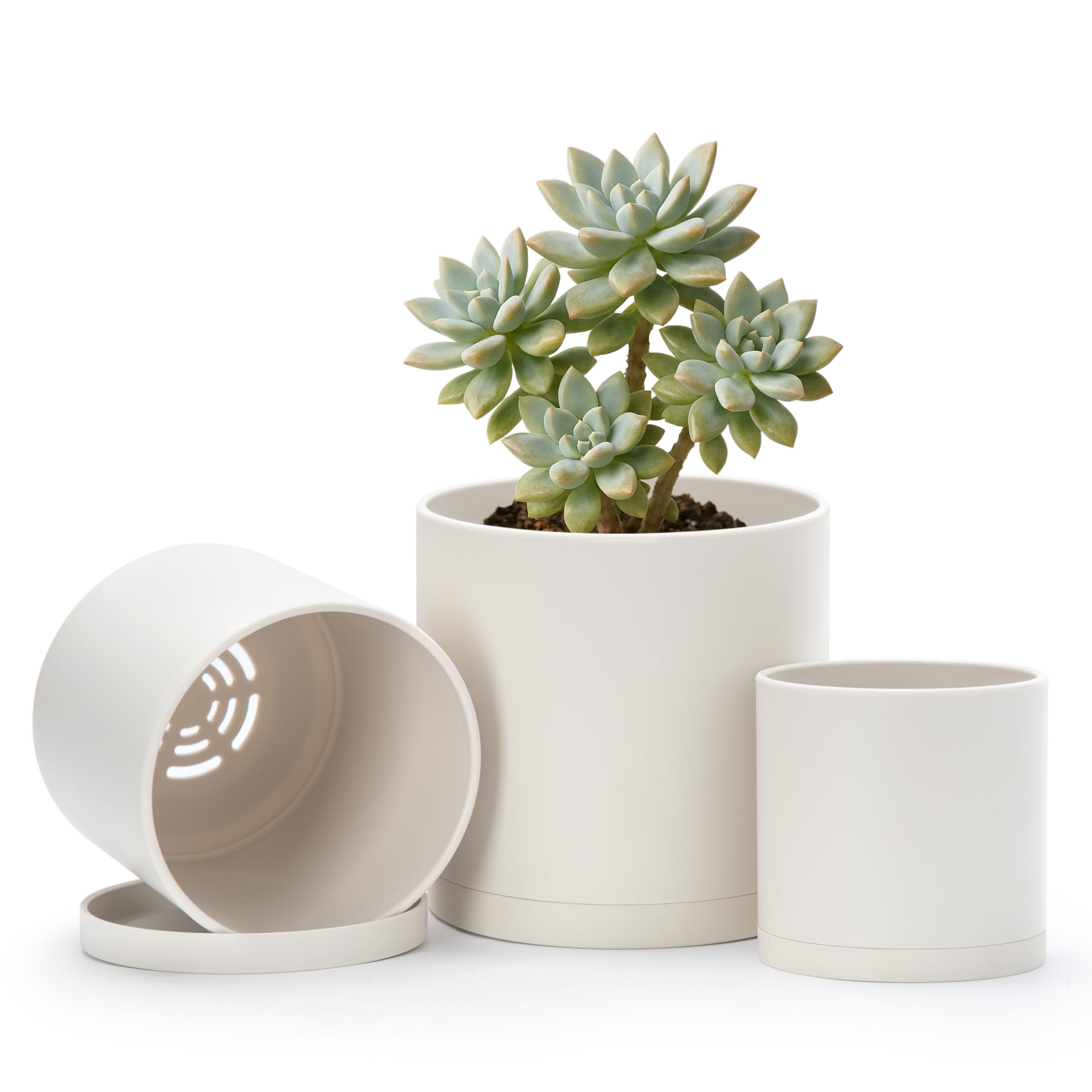 D'vine Dev 4 Inch 5 Inch 6 Inch, Set of 3 Plastic Planter Pots for Plants with Drainage Hole and Seamless Saucers, Oatmeal, Small, 74-V-H-1 — image 1