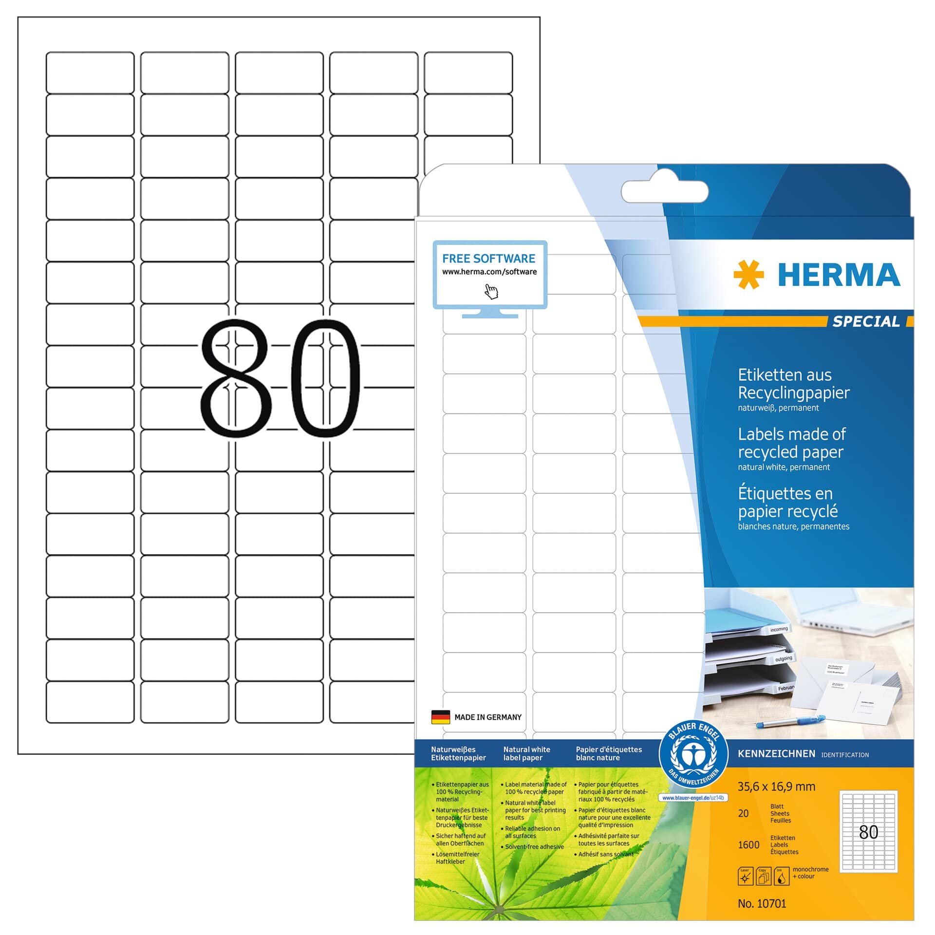 HERMA Self Adhesive Recycling Labels, 80 Labels per A4 Sheet, 20 Sheets, 35.6 x 16.9 mm, 1600 Labels, 100% Recycled Paper Labels Stickers, Sticky Labels for Laser & Inkjet Printer, Natural White