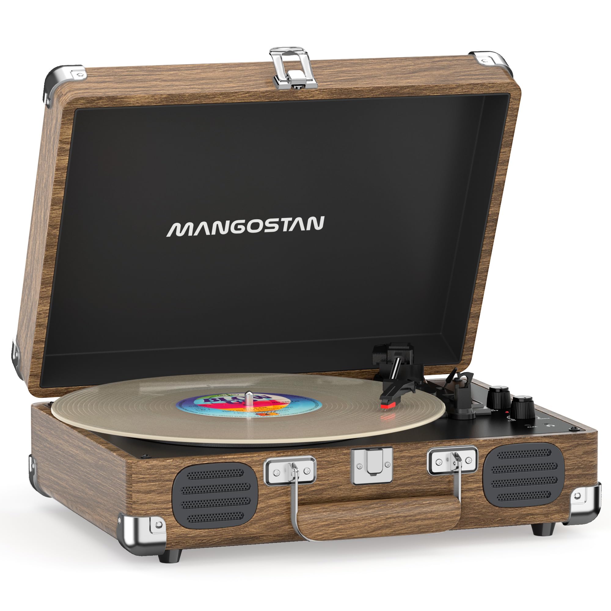 Tourne-disque Bluetooth vintage avec haut-parleurs intégrés, tourne-disque à 3 vitesses, arrêt automatique, entrée RCA et AUX-in, prise casque, lecteur LP rétro valise - Grain de bois